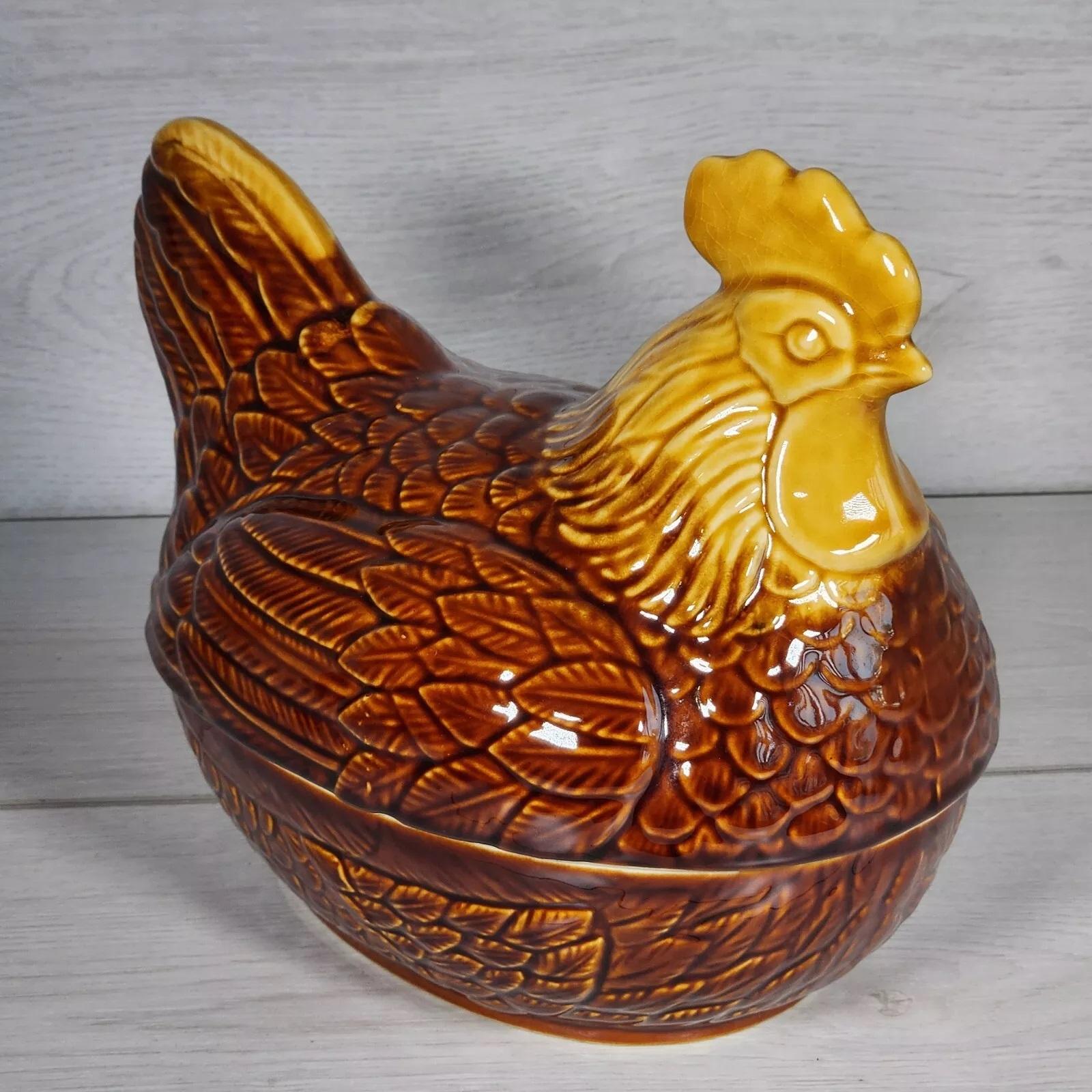 Antico Porta Uova di Gallina in Ceramica Scultrice Cucina Decor Smalto Marrone VTG Piatto in vendita 2