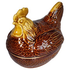 Antique Hen Egg Holder Ceramic Sculpturer Kitchen Decor Brown Glaze VTG Dish