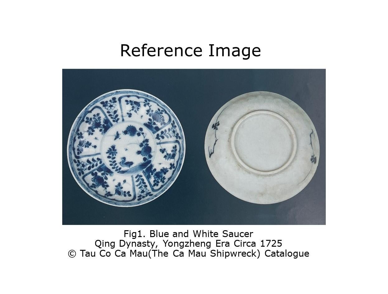 Soucoupe bleu et blanc à motif de poulet v 1725, Dynastie Qing, époque Yongzheng en vente 5