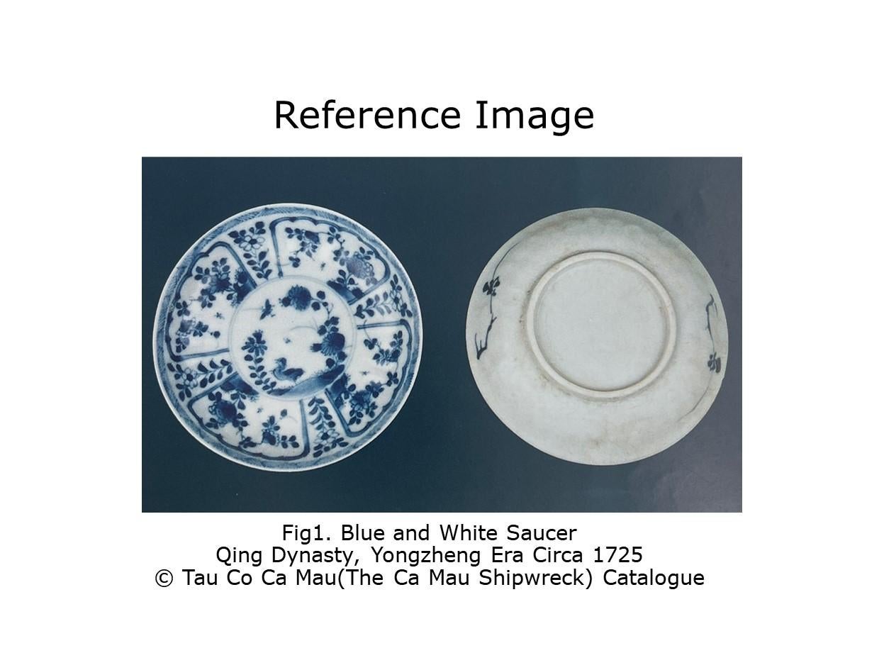Chicken Pattern Blue and White Saucer c 1725, Qing Dynasty, Yongzheng Era In Good Condition For Sale In seoul, KR
