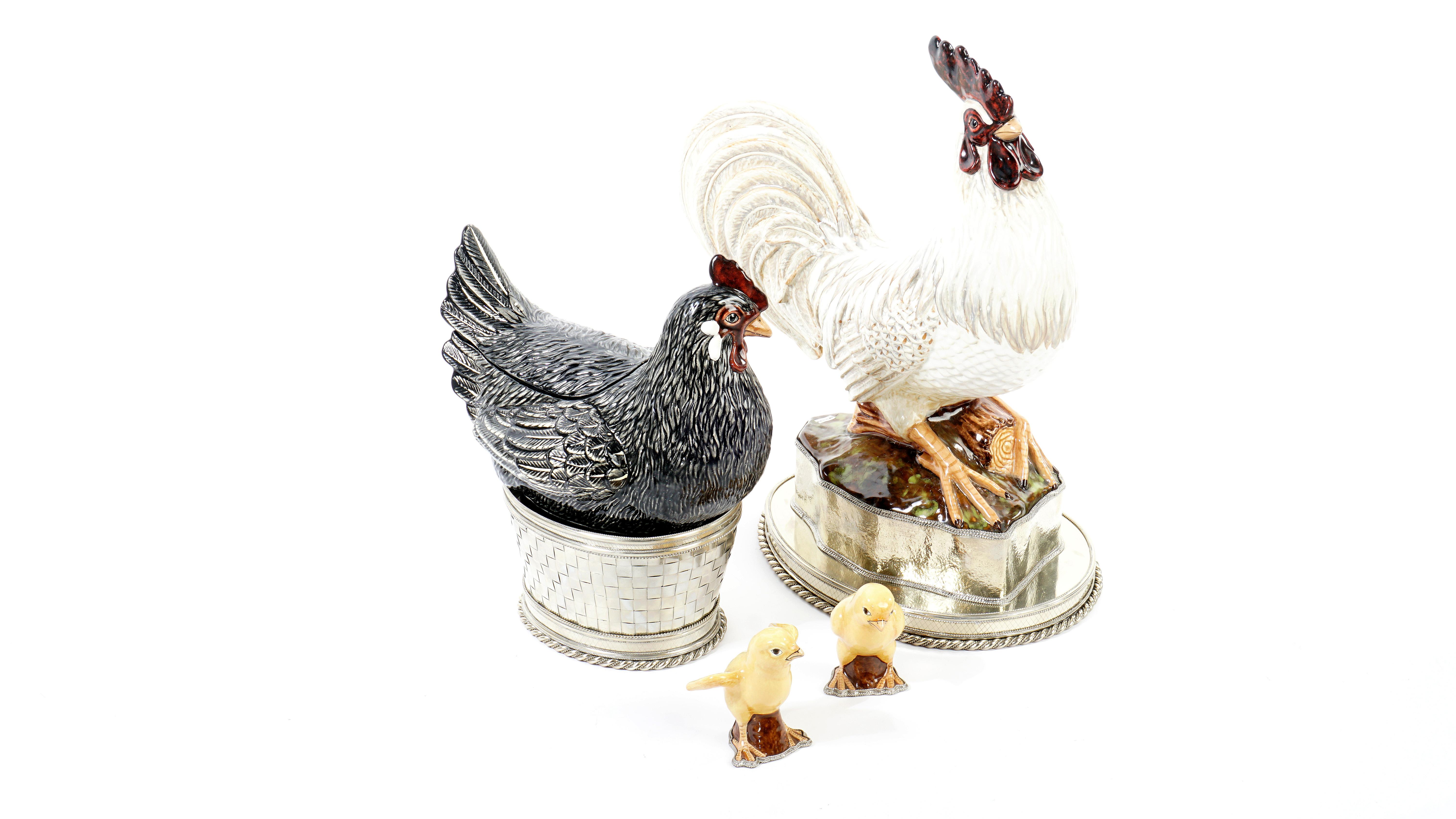 Chicken, Rooster and Chicks, Ceramic and White Metal 'Alpaca' 2