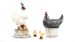 Chicken, Rooster and Chicks, Ceramic and White Metal 'Alpaca'