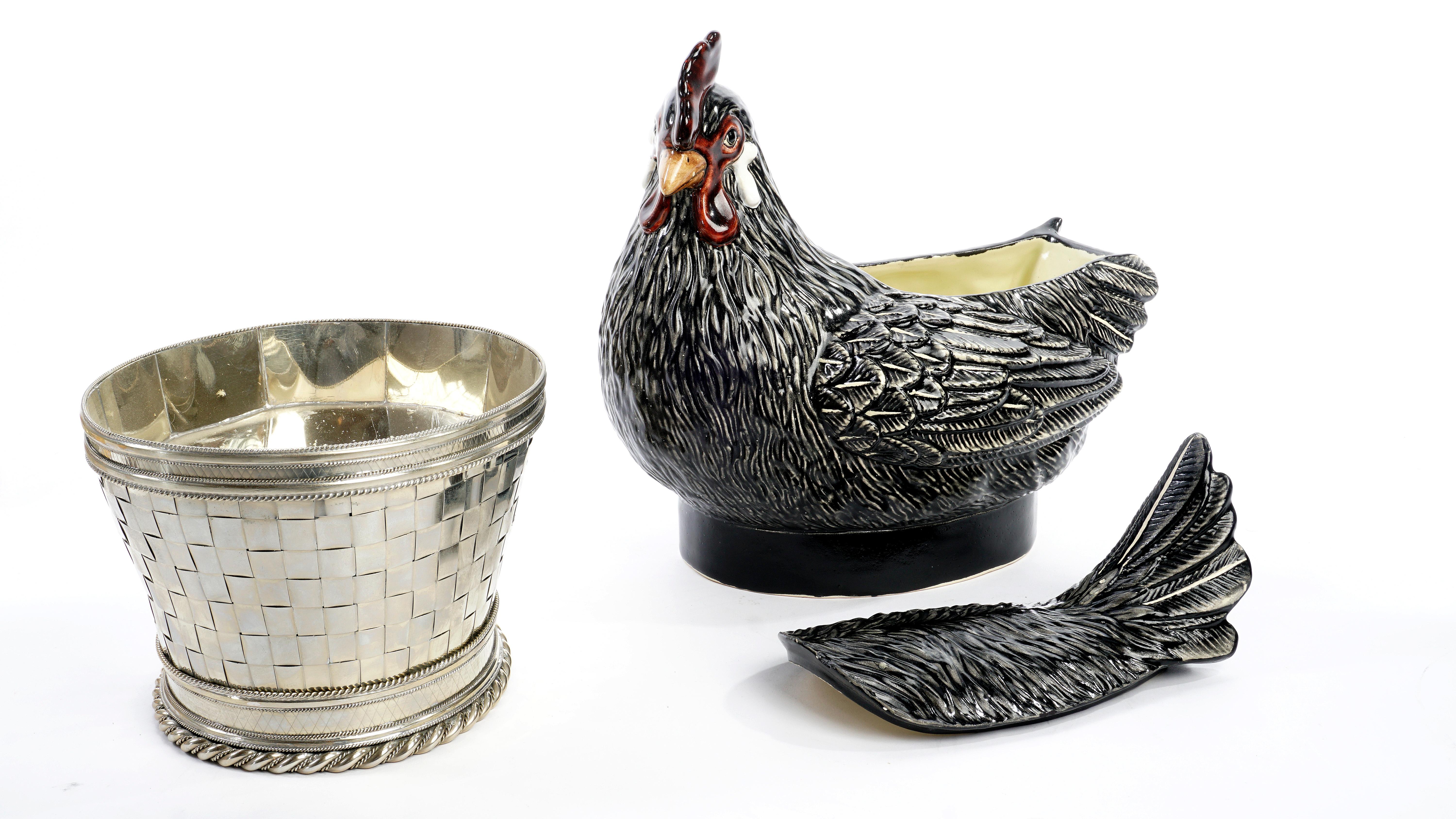Glazed Chicken, Rooster and Chicks, Ceramic and White Metal 'Alpaca'
