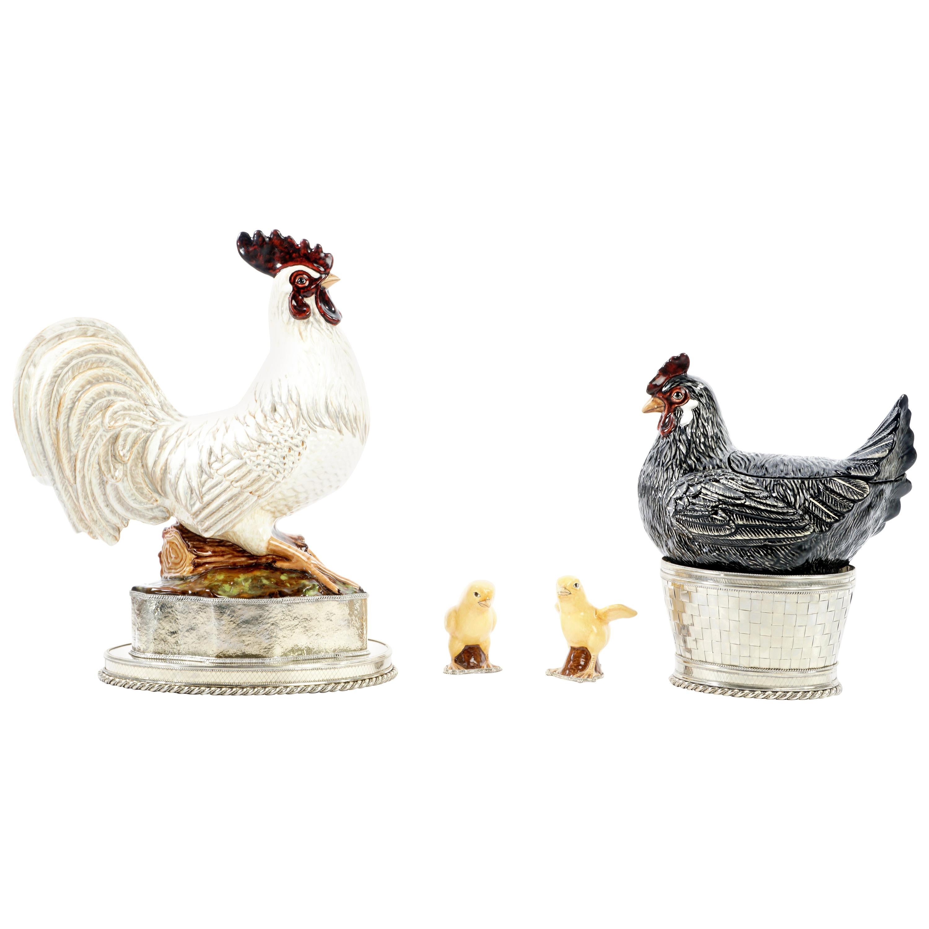 Chicken, Rooster and Chicks, Ceramic and White Metal 'Alpaca'