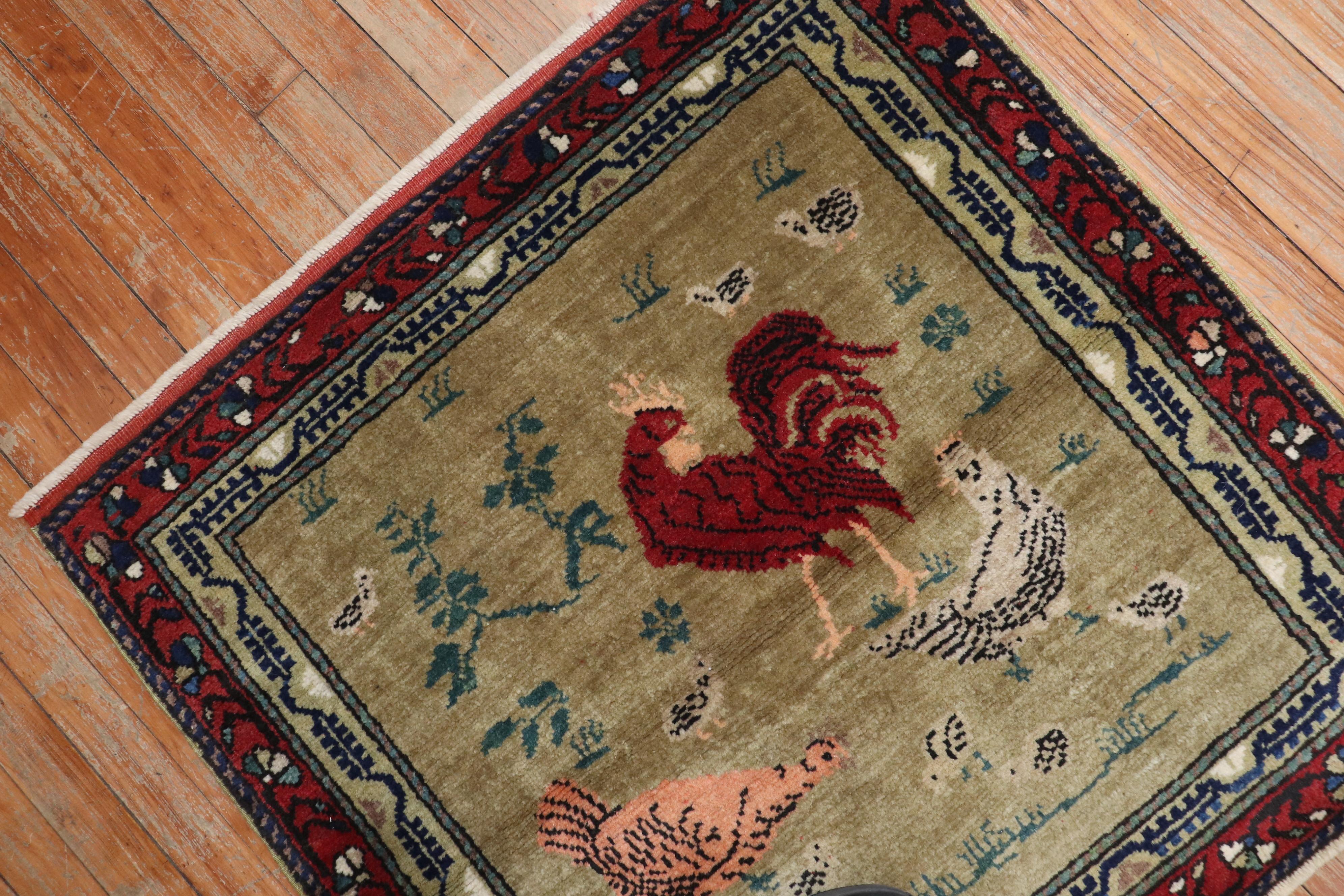 Folk Art Chicken Rooster Vintage Turkish Square Rug For Sale
