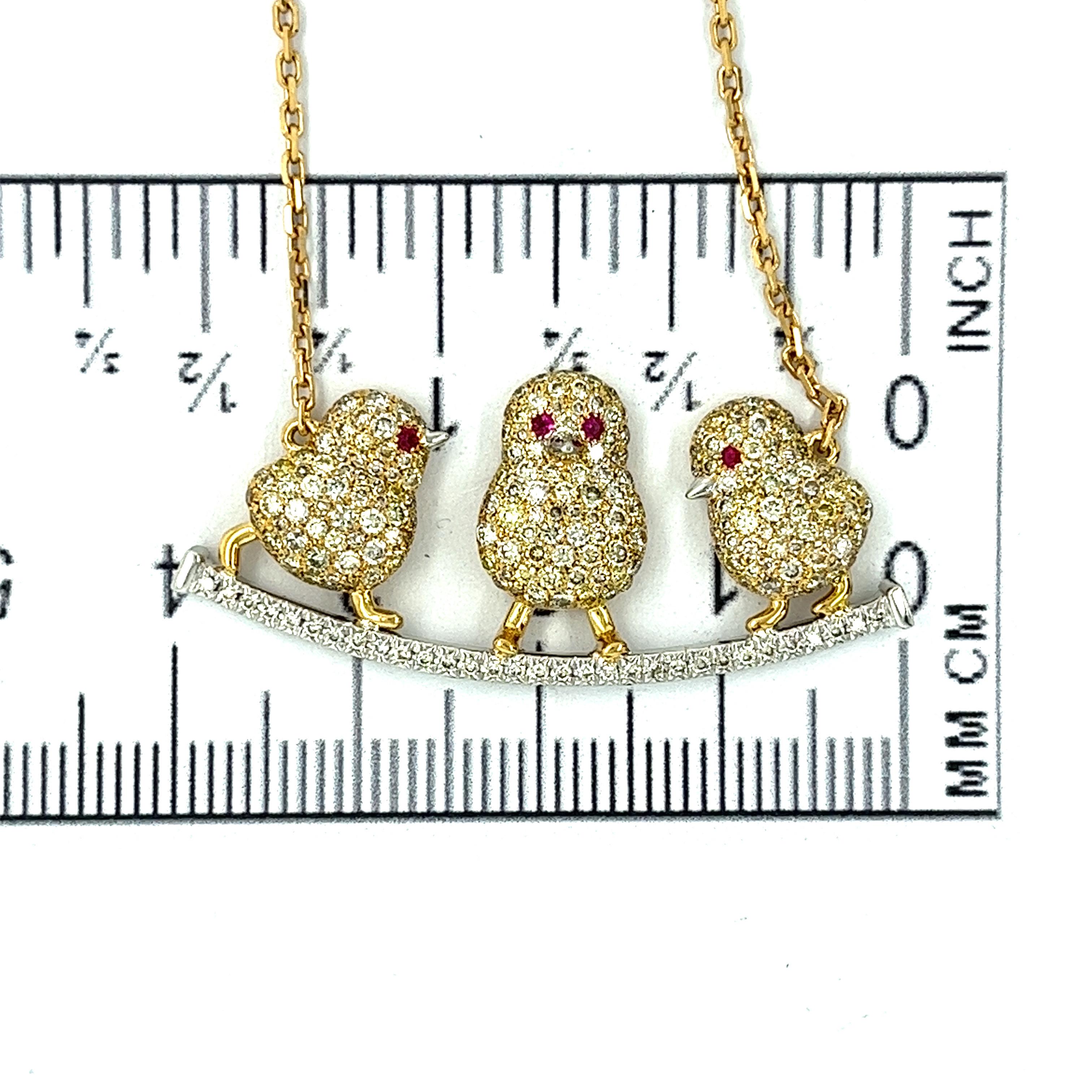 Chicks Necklace with Diamonds & Rubies in 18K Yellow Gold

31 Diamonds 0.14 CT
196 Fancy Diamonds 1.62CT
4 Bubies 0.05 CT
18 K Yellow Gold 7.84 GM

Cute little animals always make people feel warm, but this chicken necklace made of precious diamonds