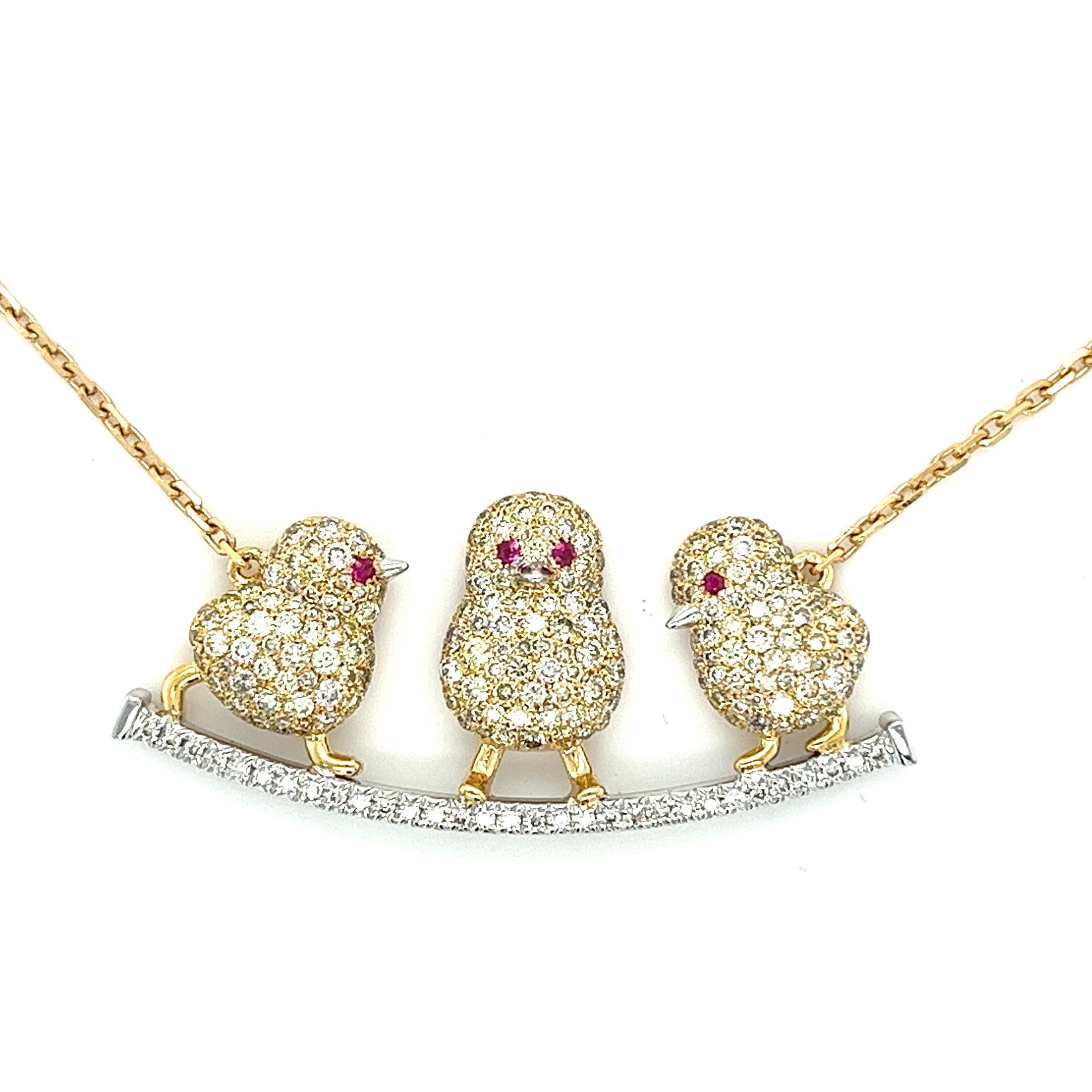 Modern Chicks Necklace with Diamonds & Rubies in 18k Yellow Gold For Sale
