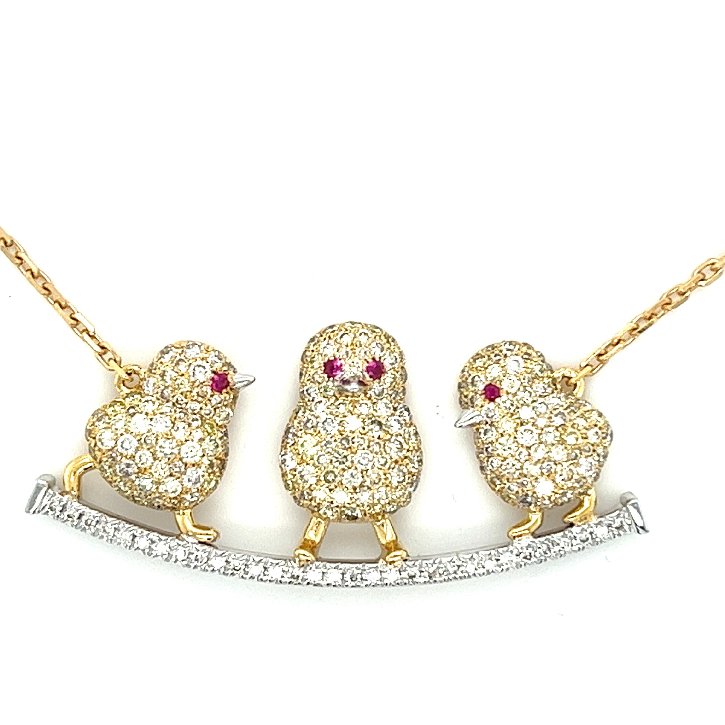 Round Cut Chicks Necklace with Diamonds & Rubies in 18k Yellow Gold For Sale