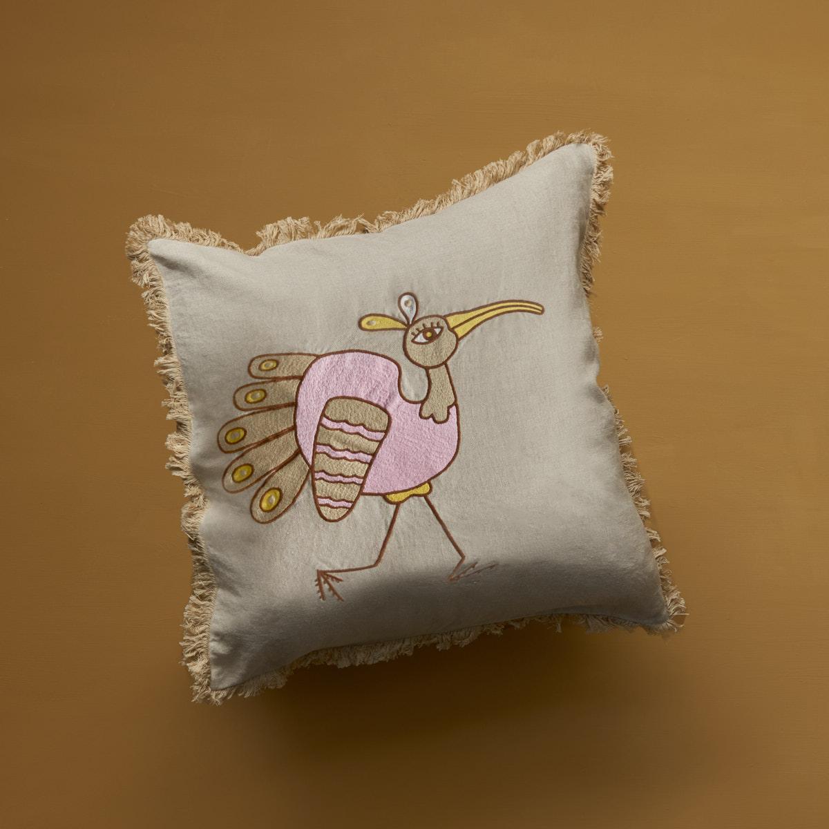 An eye catcher in your room, this charming hand embroidered cushion with a bird character is made of high quality natural linen. 

Comes without filler, duck feather fillers can be ordered seperately.
100% linen
Size 60 x 60 cm.