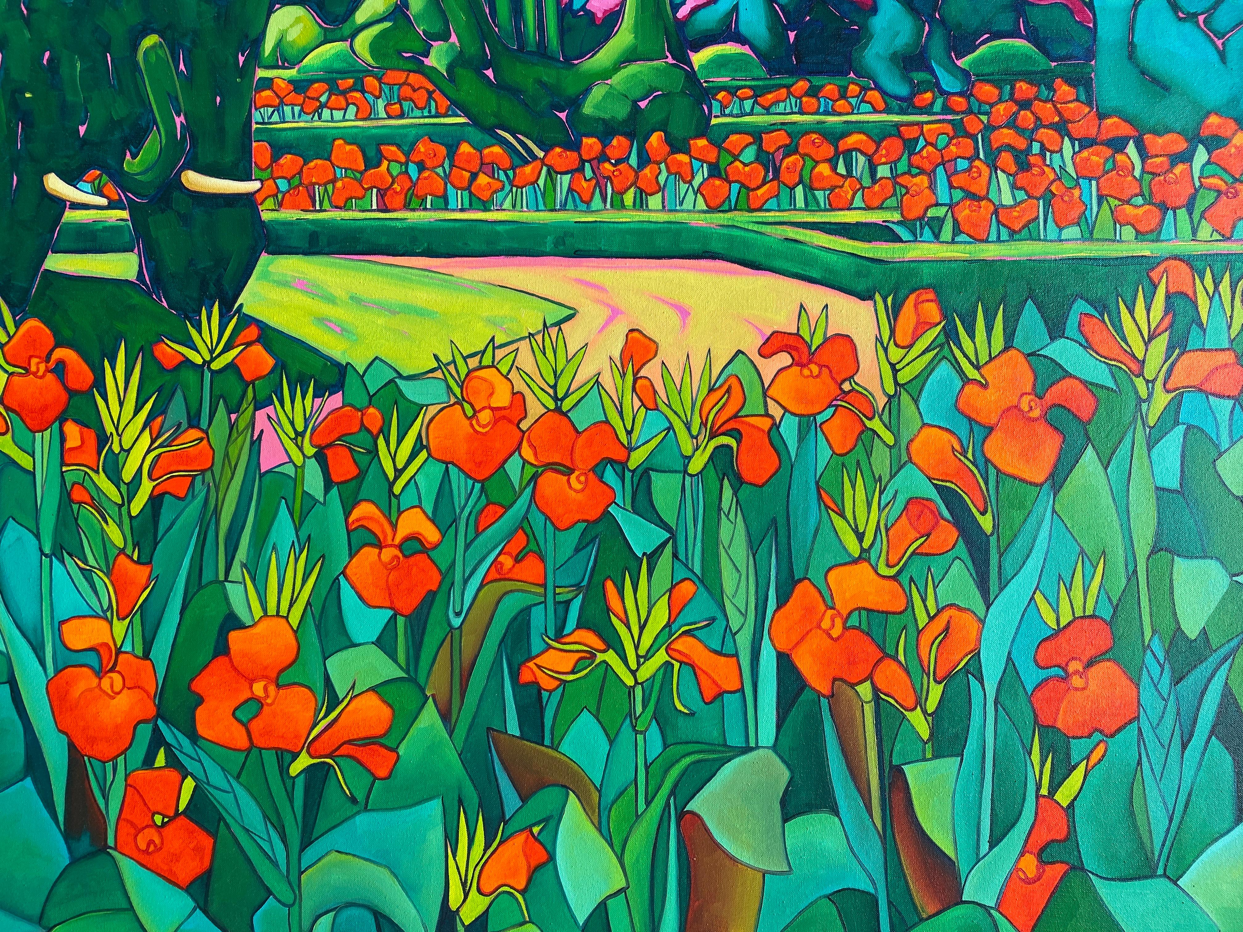 ¨Topiaria¨. Expressionistischer farbenfroher Garten. Großes Format Öl auf Leinwand im Angebot 8