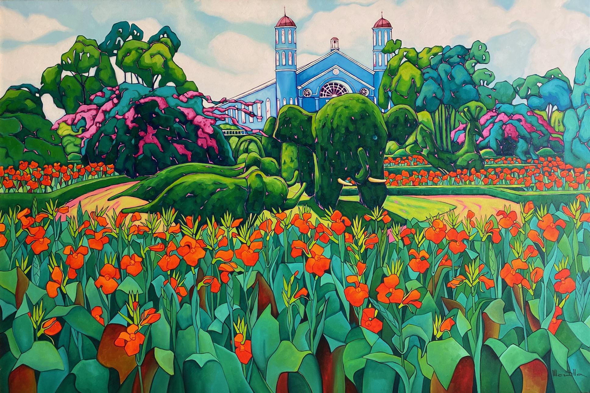 ¨Topiaria¨. Expressionistischer farbenfroher Garten. Großes Format Öl auf Leinwand – Painting von Chico Montilla