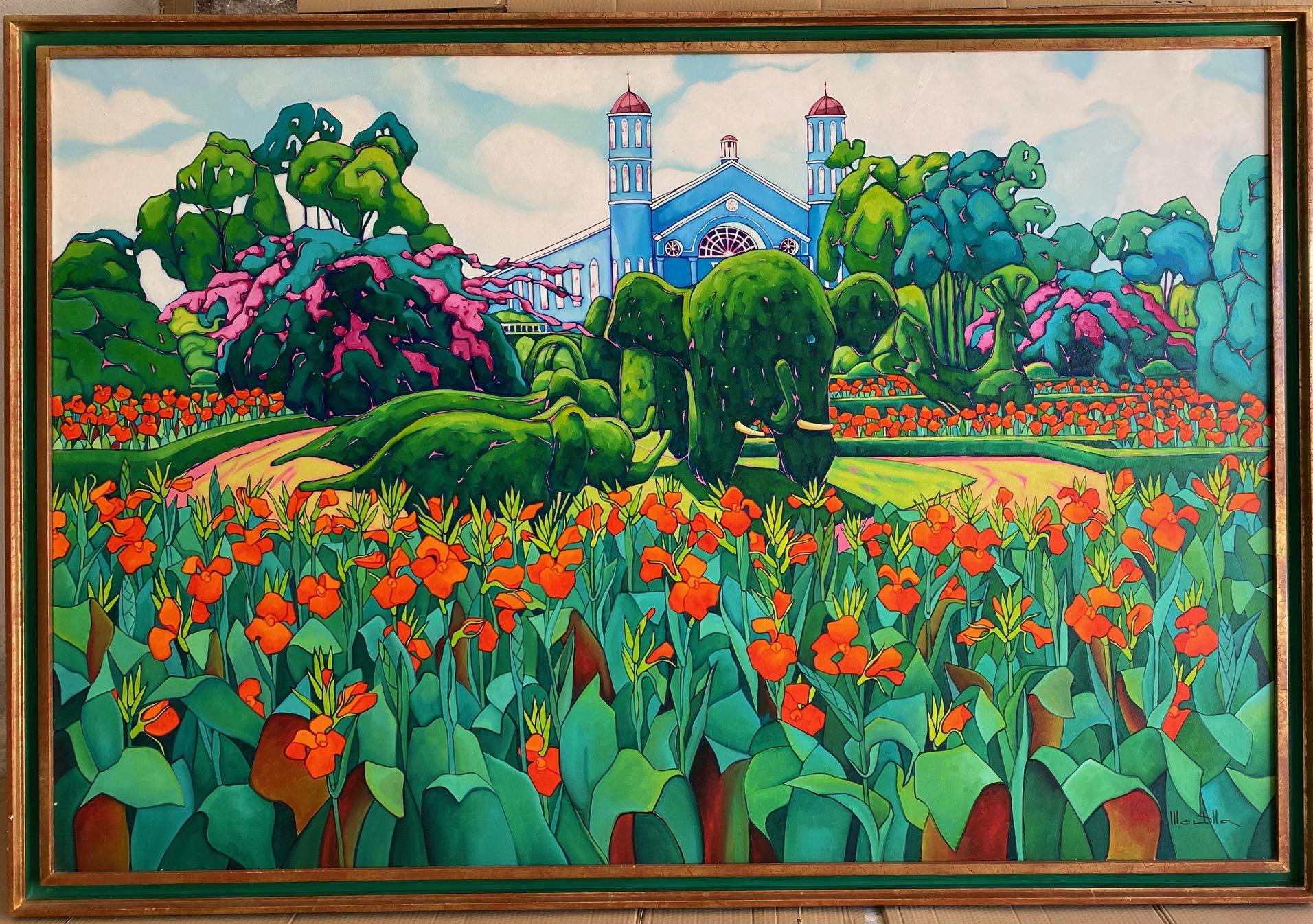 ¨Topiaria¨. Expressionistischer farbenfroher Garten. Großes Format Öl auf Leinwand (Expressionismus), Painting, von Chico Montilla