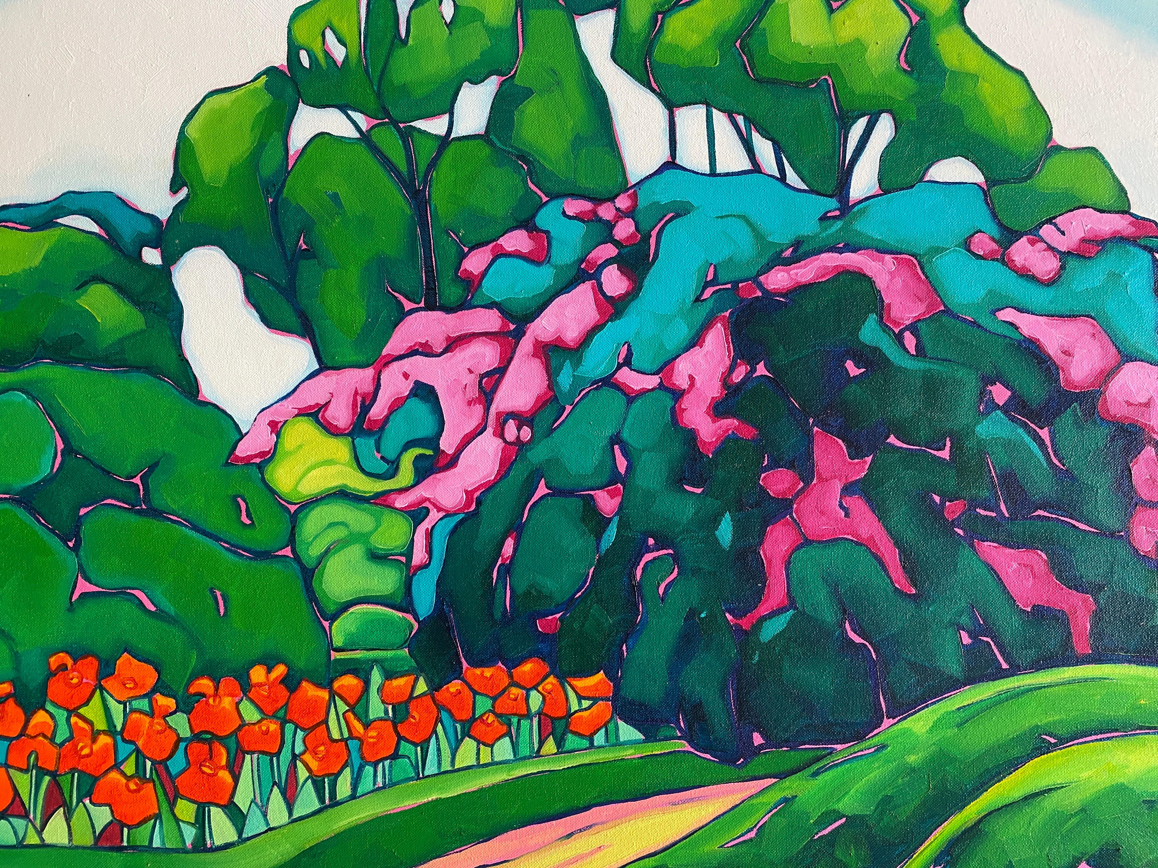 Topiaria. Gran formato Óleo sobre lienzo Precioso jardín de Chico Montilla.
Medidas: (Alt.) 130 x (Anch.) 195  x 3 cm. Enmarcado 142 x 207 x 5 cm.
Colorida vista expresionista de un jardín con plantas a las que se ha dado forma artística mediante el