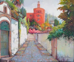 « Le palais de l'Alhambra ». Huile sur toile, signée, paysage urbain, 65 x 54 cm.