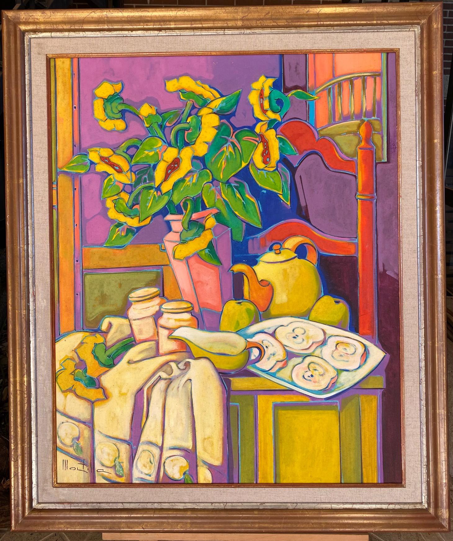 Des pommes. Huile sur lin. Nature morte expressionniste colorée : fleurs, pommes, théière - Painting de Chico Montilla