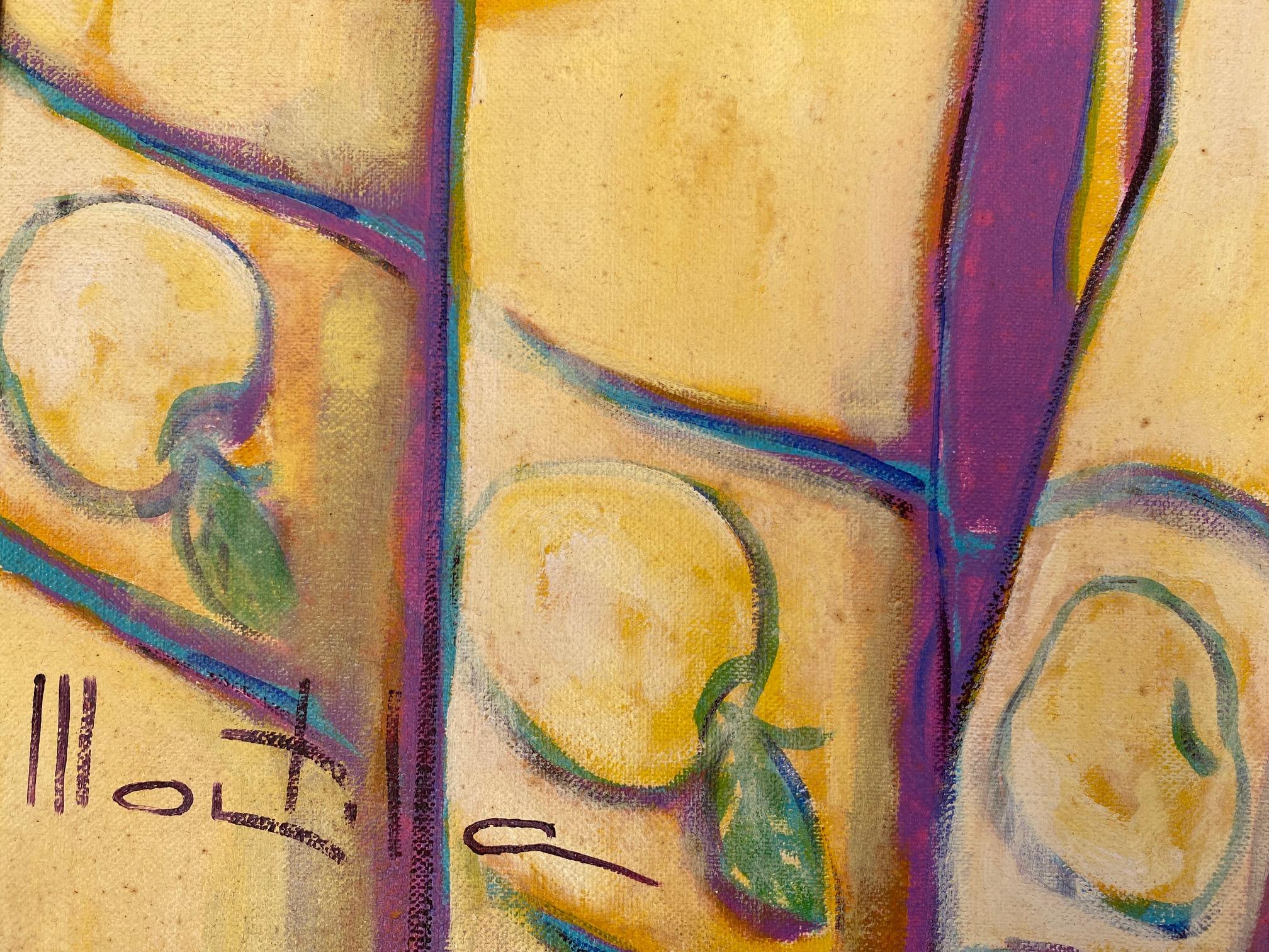 Des pommes. Huile sur lin. Nature morte expressionniste colorée : fleurs, pommes, théière - Expressionniste Painting par Chico Montilla