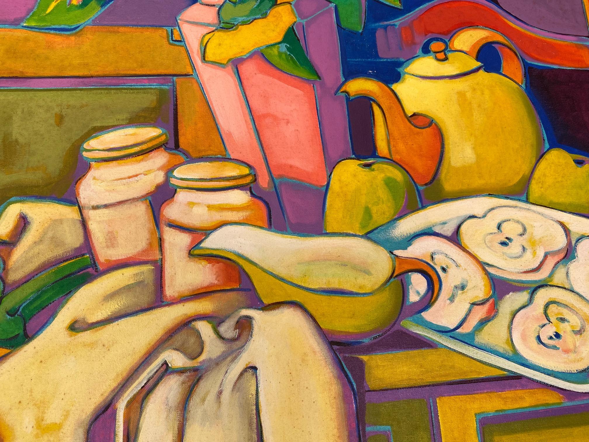 Des pommes. Huile sur lin. Nature morte expressionniste colorée : fleurs, pommes, théière - Marron Still-Life Painting par Chico Montilla