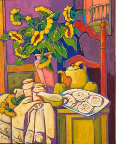 Apples. Oil on linen. Colorful expressionist still-life: flowers, apples, teapot