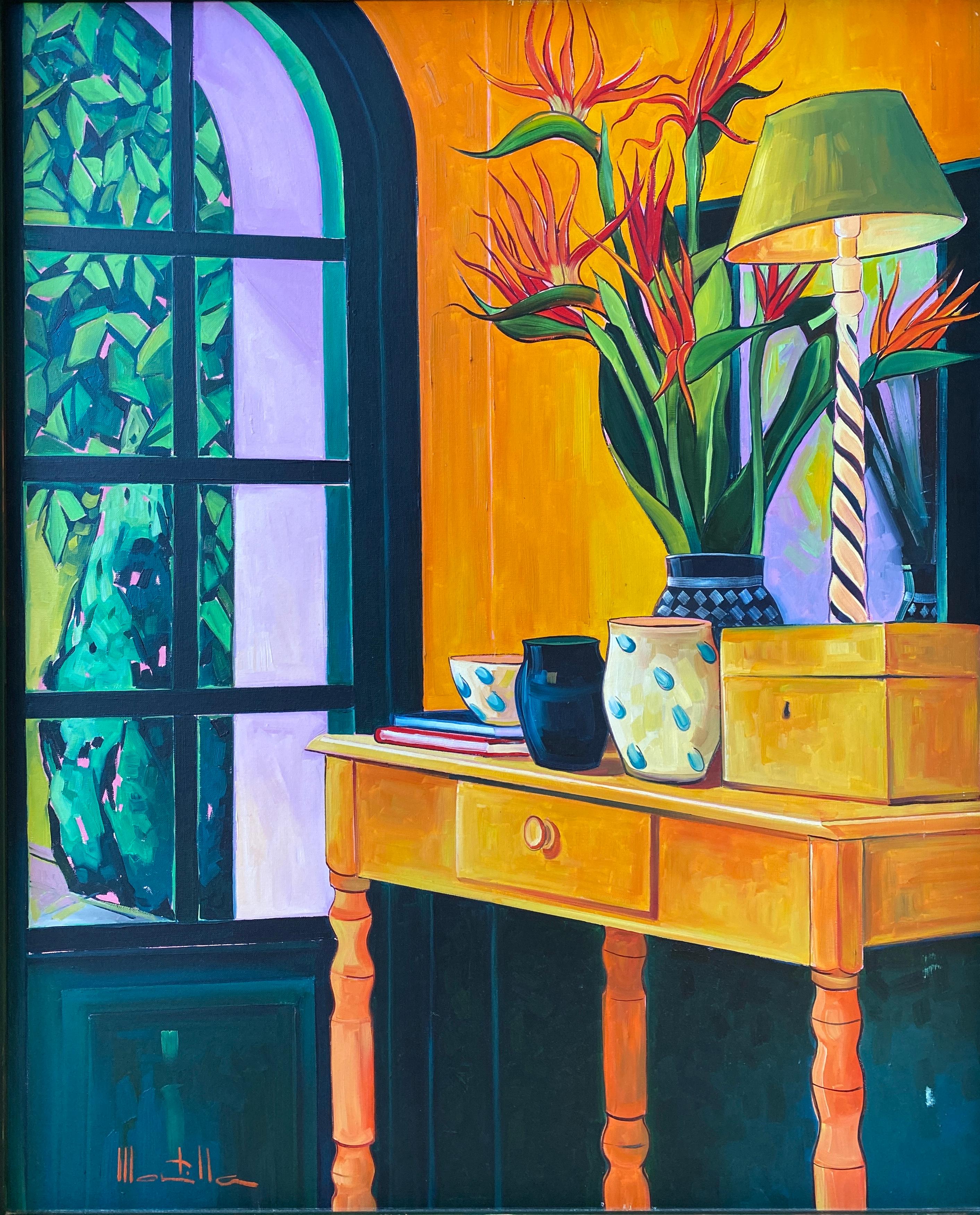Bodegón expresionista de pintura al óleo de colores: Aves del Paraíso en venta 5
