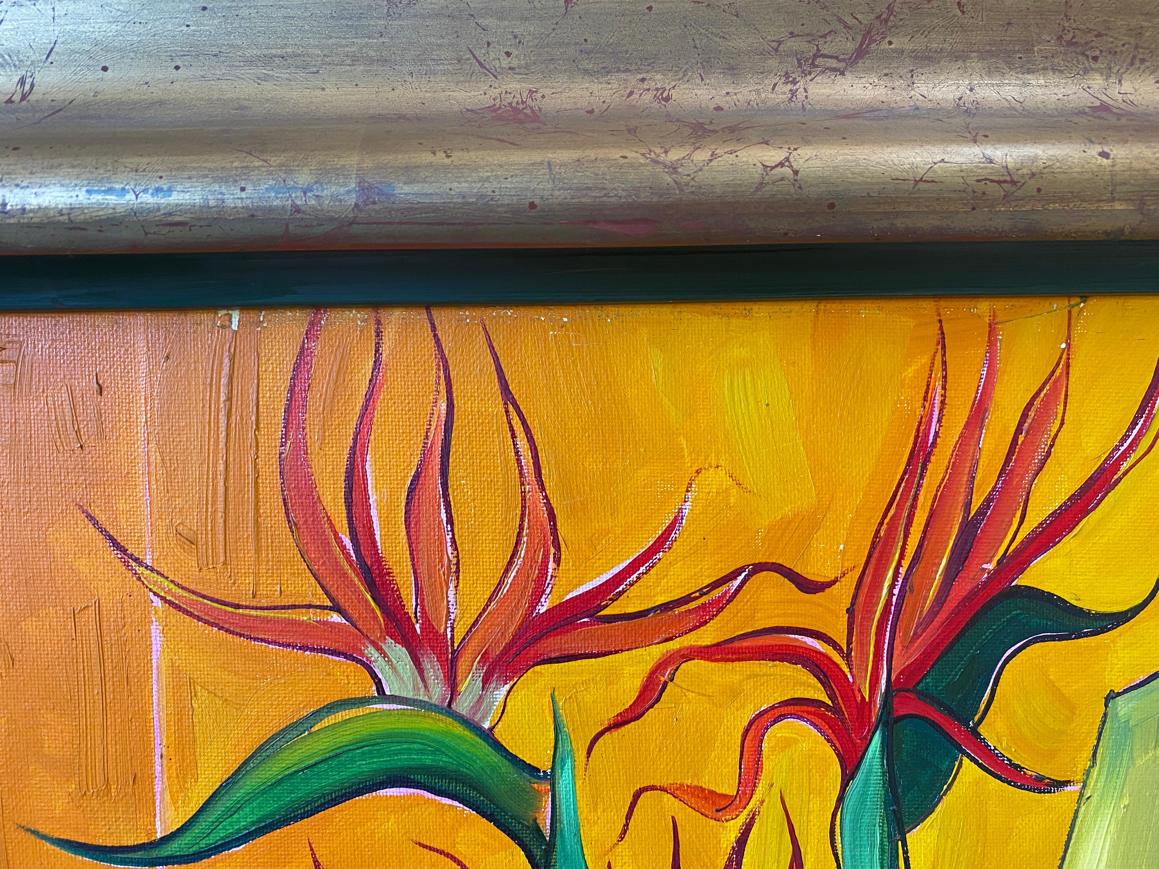 Bodegón expresionista de pintura al óleo de colores: Aves del Paraíso en venta 6