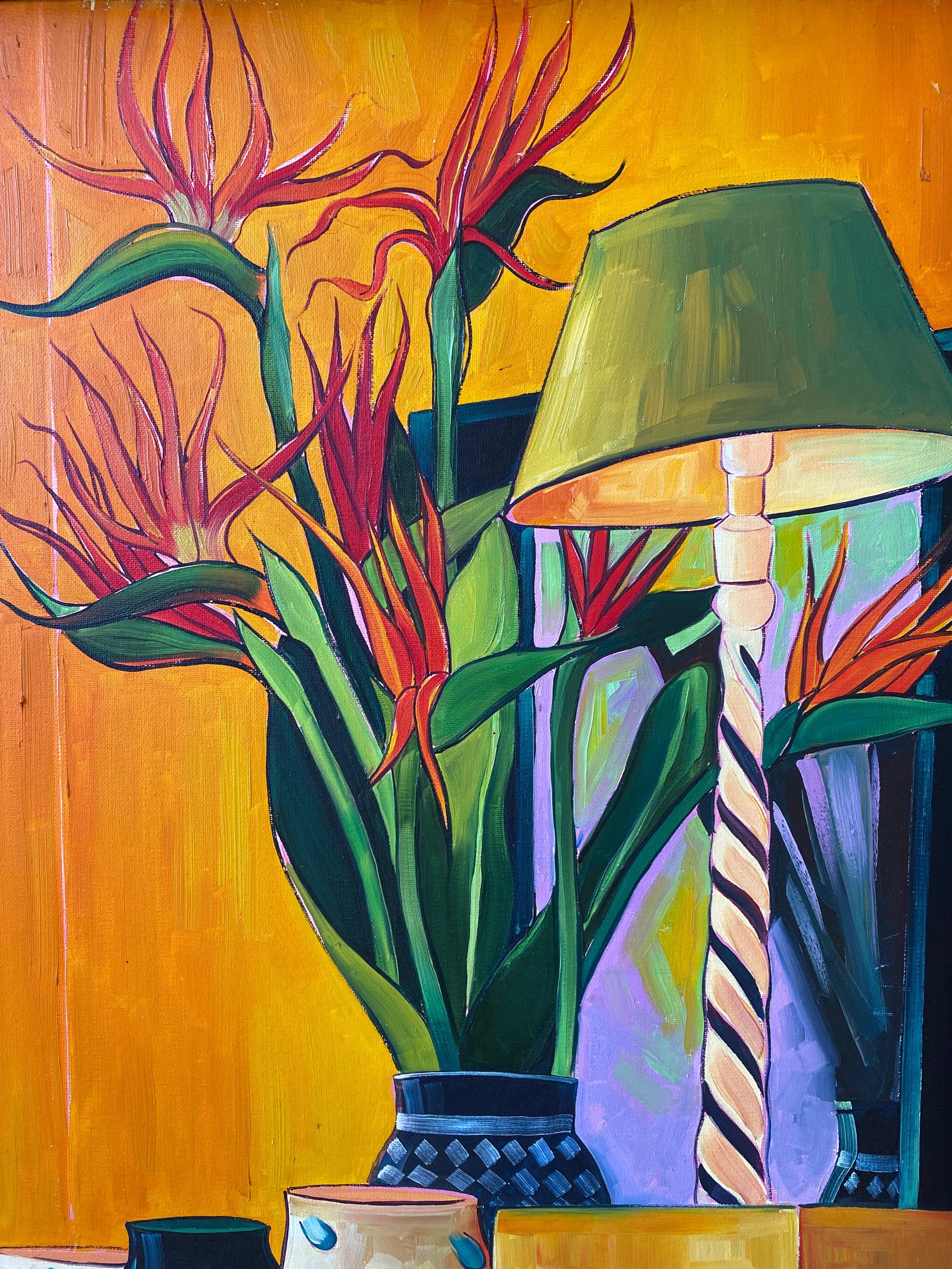 Bodegón expresionista de pintura al óleo de colores: Aves del Paraíso en venta 4