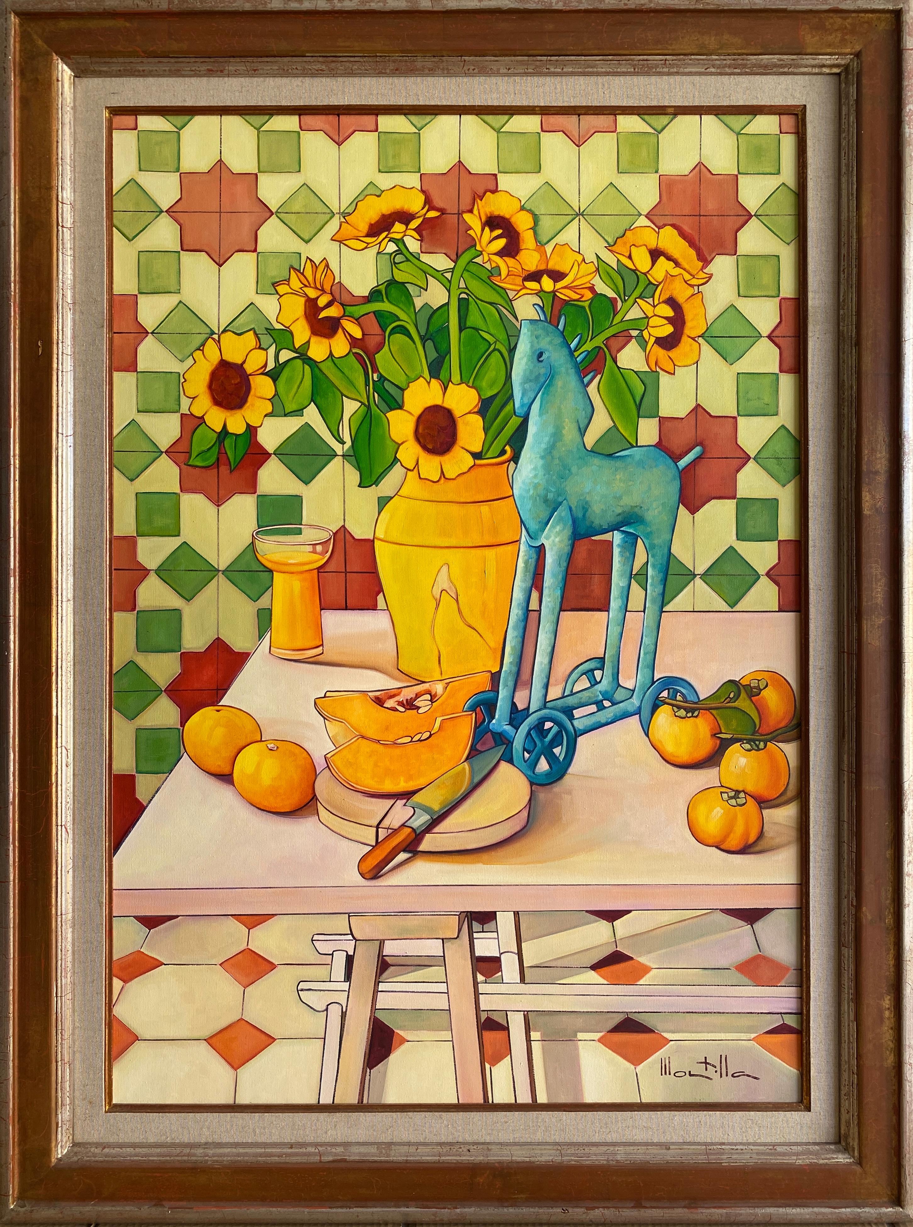 Calabaza (Pumpkin) . Oil on canvas by Spanish artist Chico Montilla.
Measurements: (H) 116x (W) 81  x 2 (D) cm. 
Framed 139 x 104 x 4.5 cm.
Colorful expressionist still-life.
Beautiful artisan style frame.

ABOUT THE ARTIST
Chico Montilla