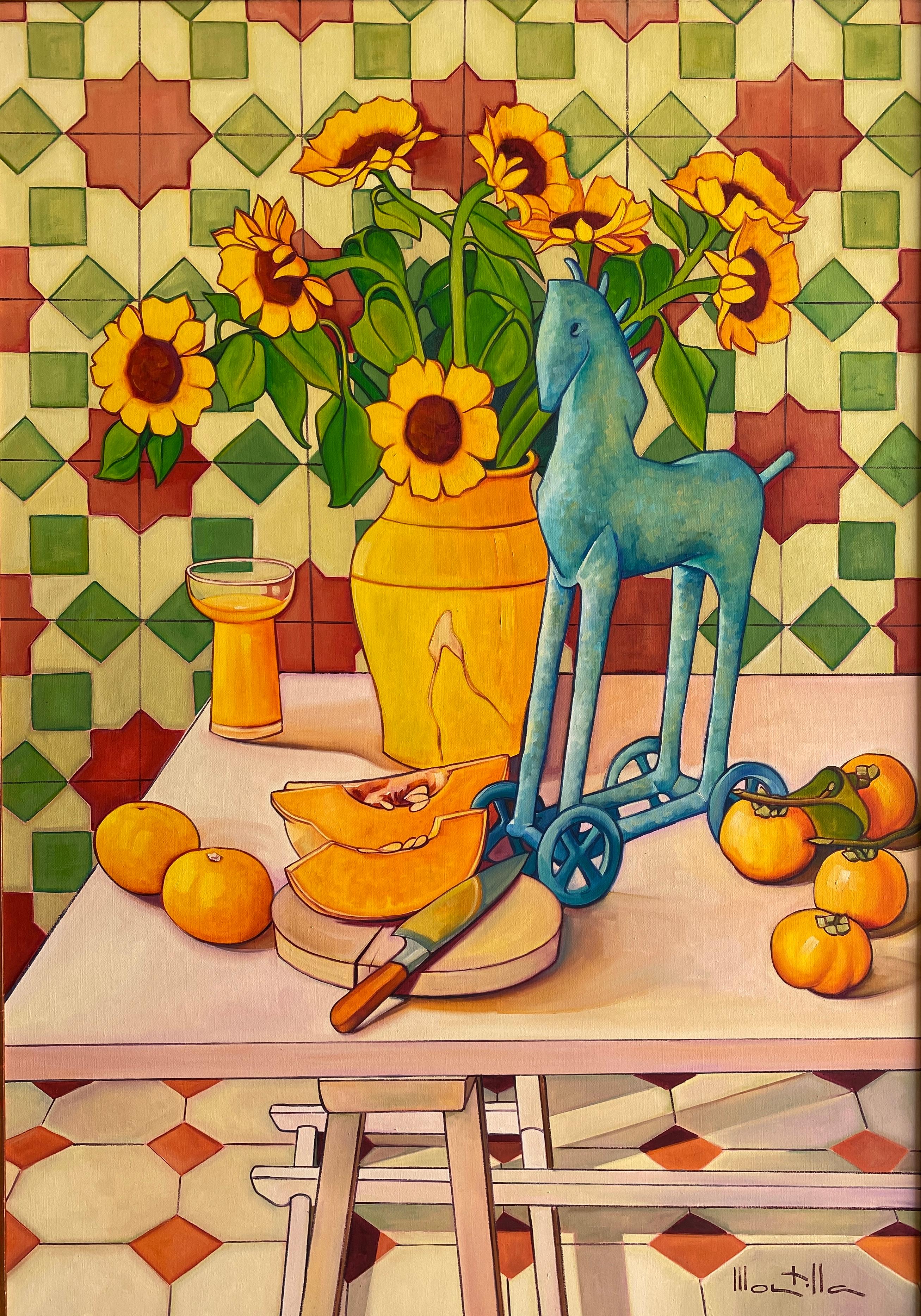 Chico Montilla Still-Life Painting – Calabaza (Kürbis). Expressionistisches Stillleben. Buntes Orange, Yelow, Türkis.