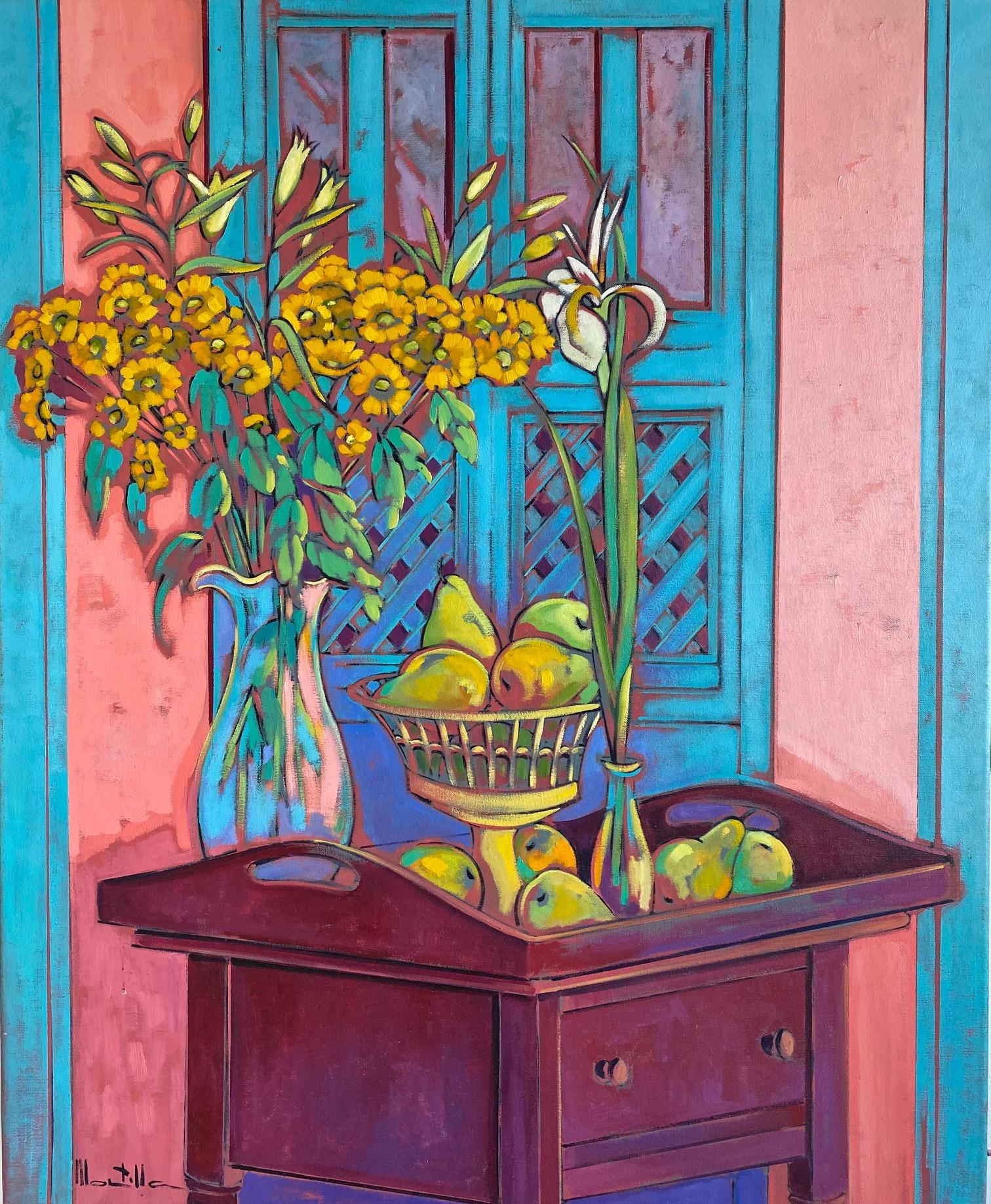 Expressionist Still life with flowers and fruit. Yellow, turquoise, pink, purple - Painting by Chico Montilla