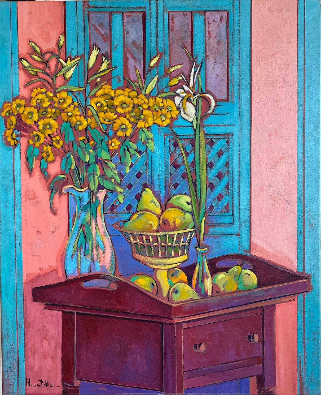 Expressionist Still life with flowers and fruit. Yellow, turquoise, pink, purple