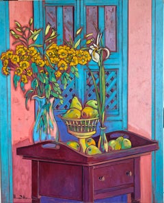 Natura morta espressionista con fiori e frutta. Giallo, turchese, rosa, viola