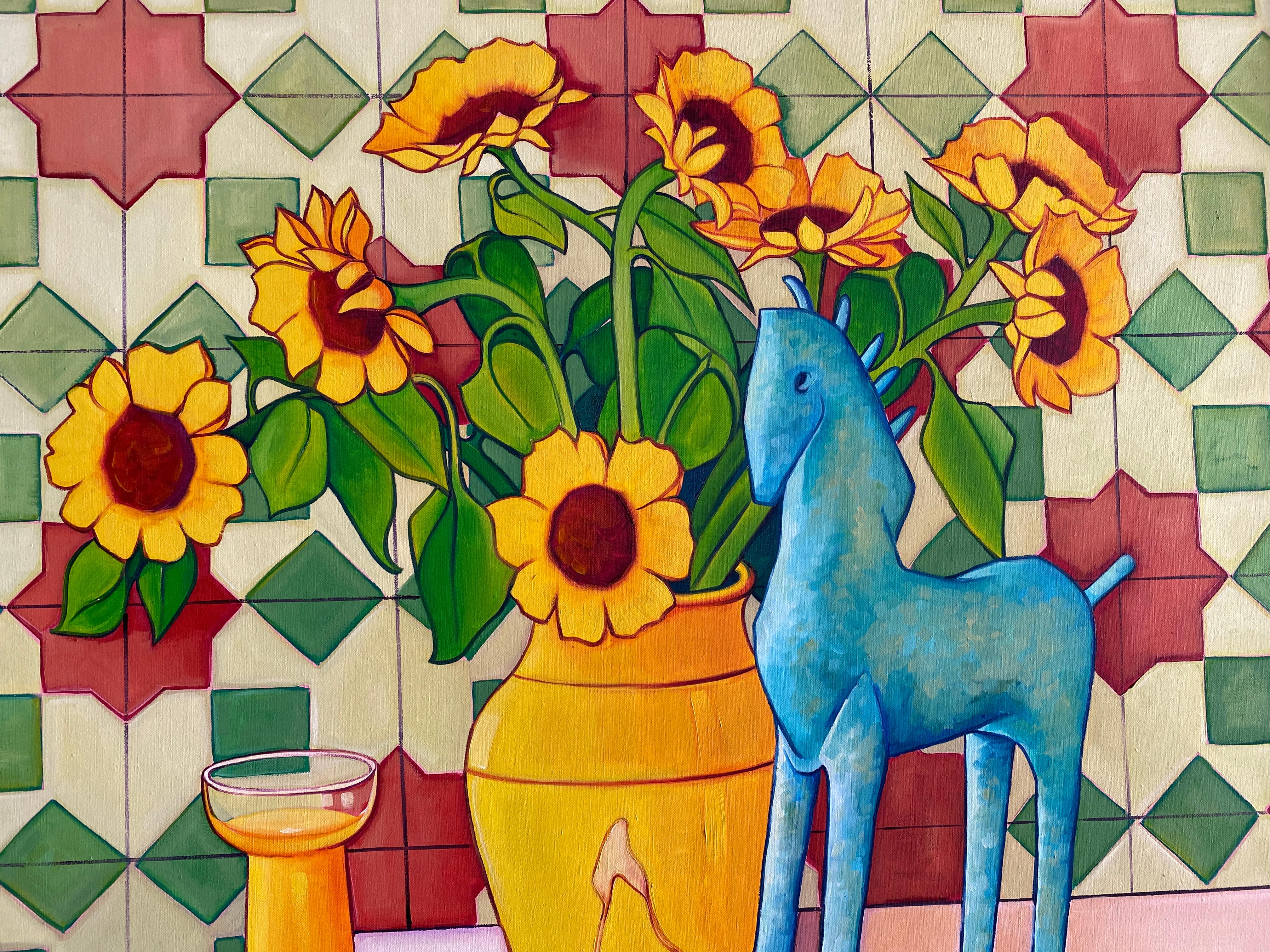 Expressionist Colorful Oil Paint Still-life (Orange, Yelow, Turquoise). For Sale 2