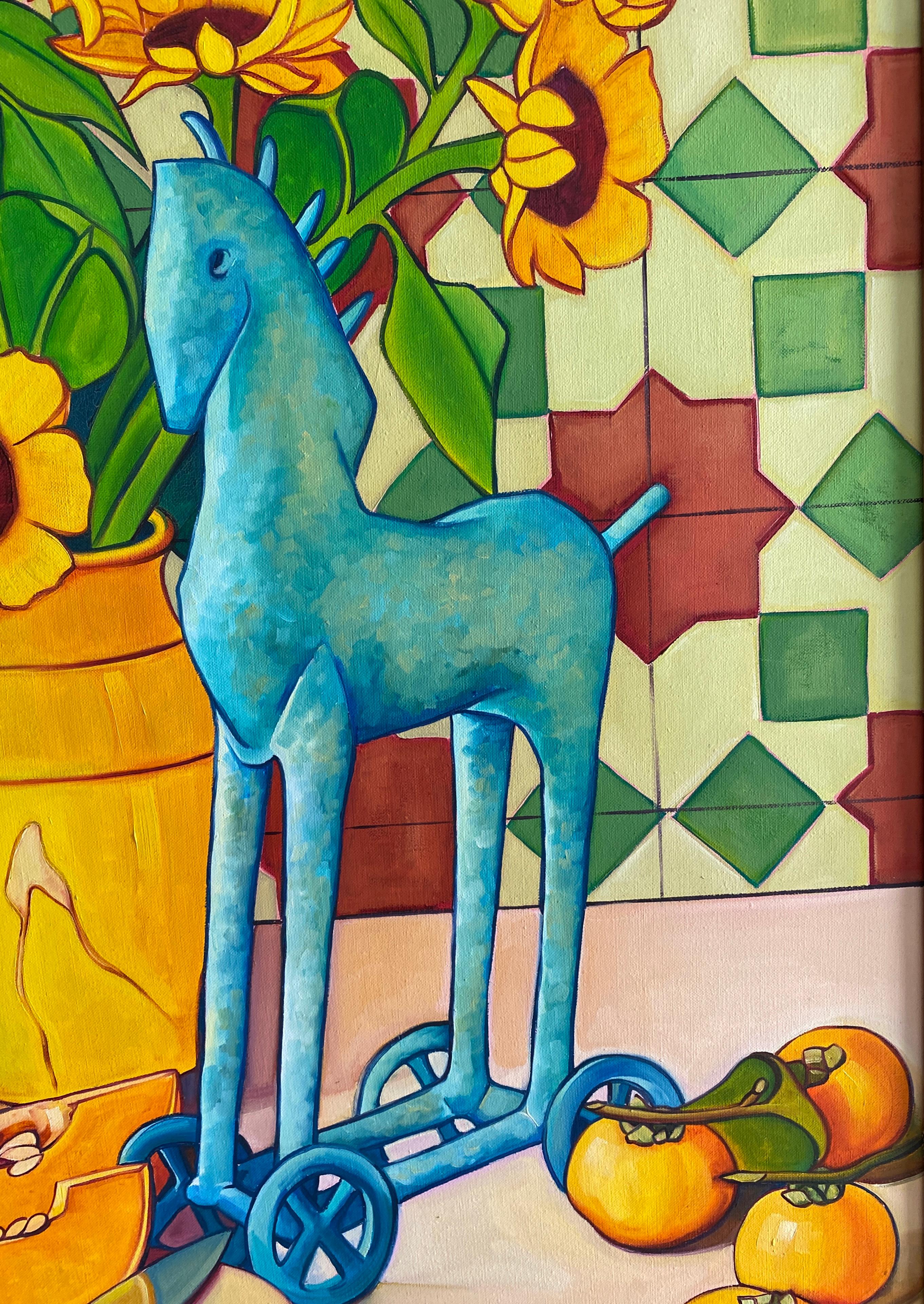 Expressionist Colorful Oil Paint Still-life (Orange, Yelow, Turquoise). For Sale 3