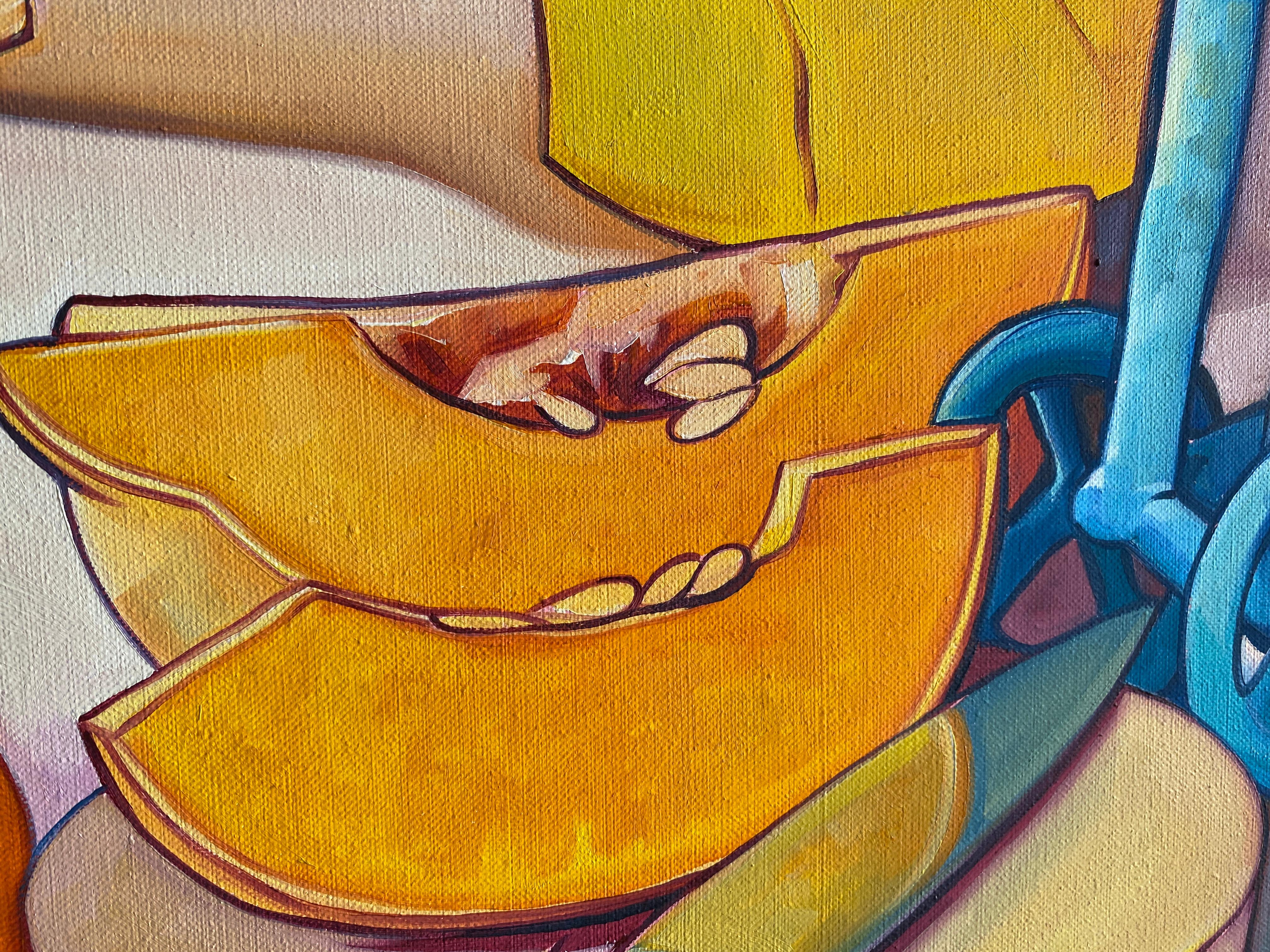 Expressionist Colorful Oil Paint Still-life (Orange, Yelow, Turquoise). For Sale 4