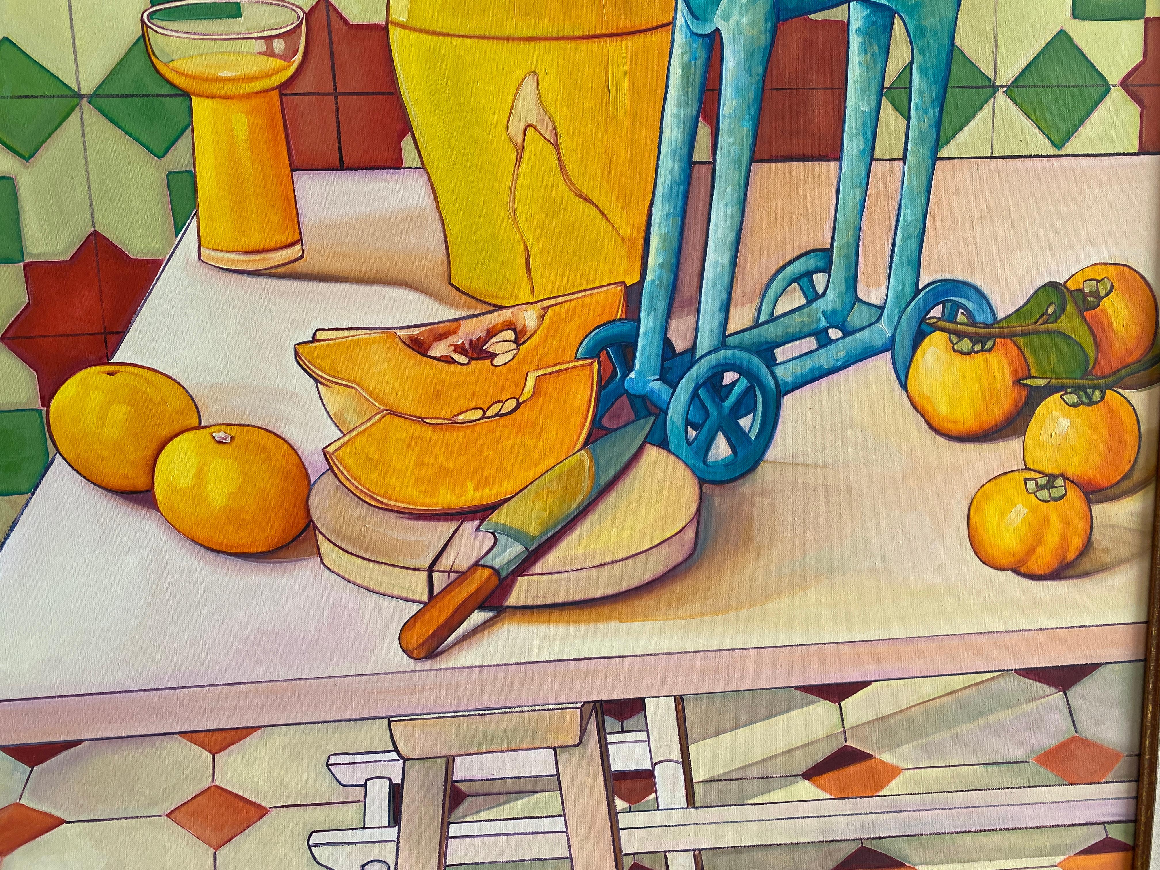 Expressionist Colorful Oil Paint Still-life (Orange, Yelow, Turquoise). For Sale 5