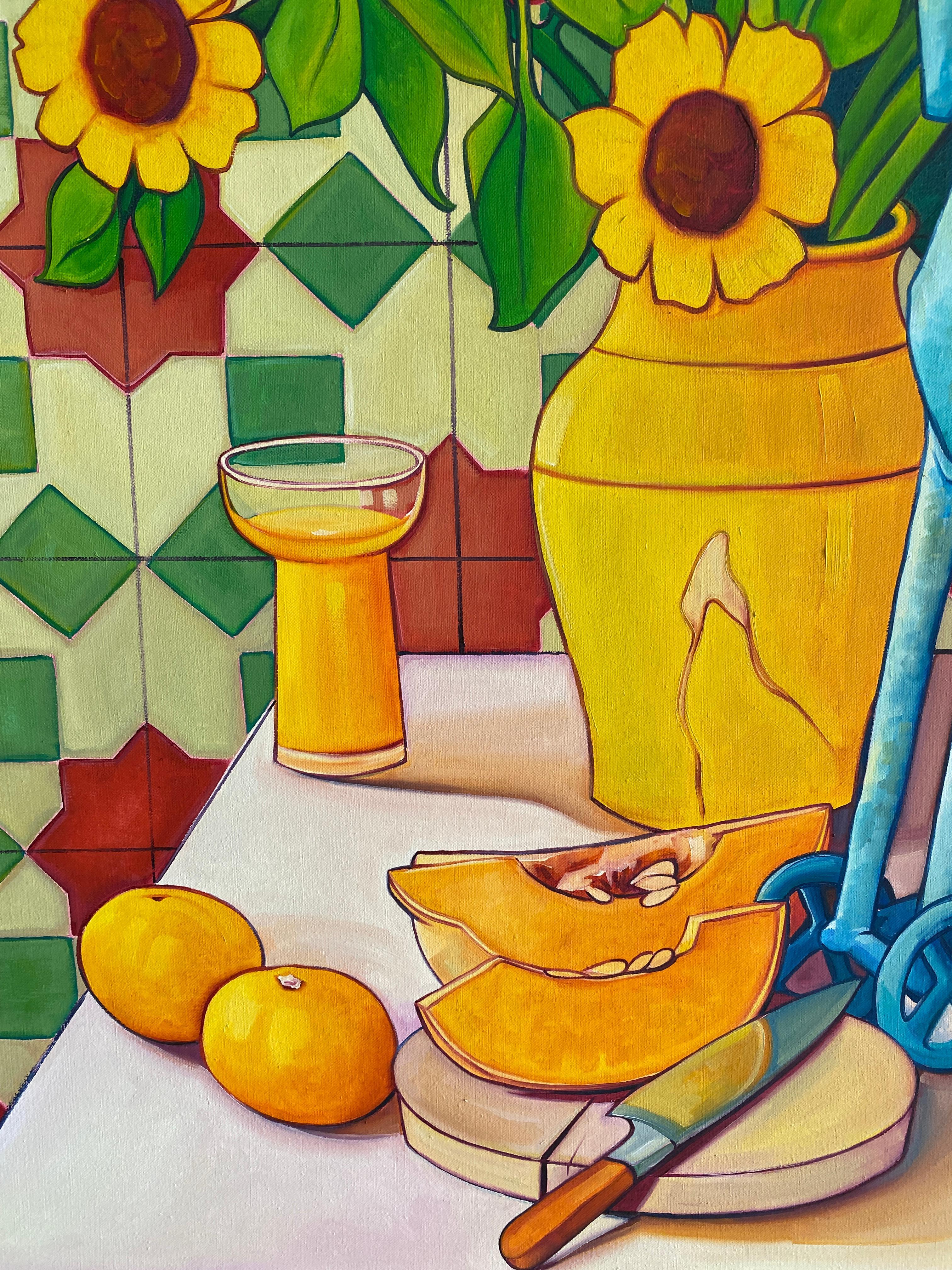 Expressionist Colorful Oil Paint Still-life (Orange, Yelow, Turquoise). For Sale 6