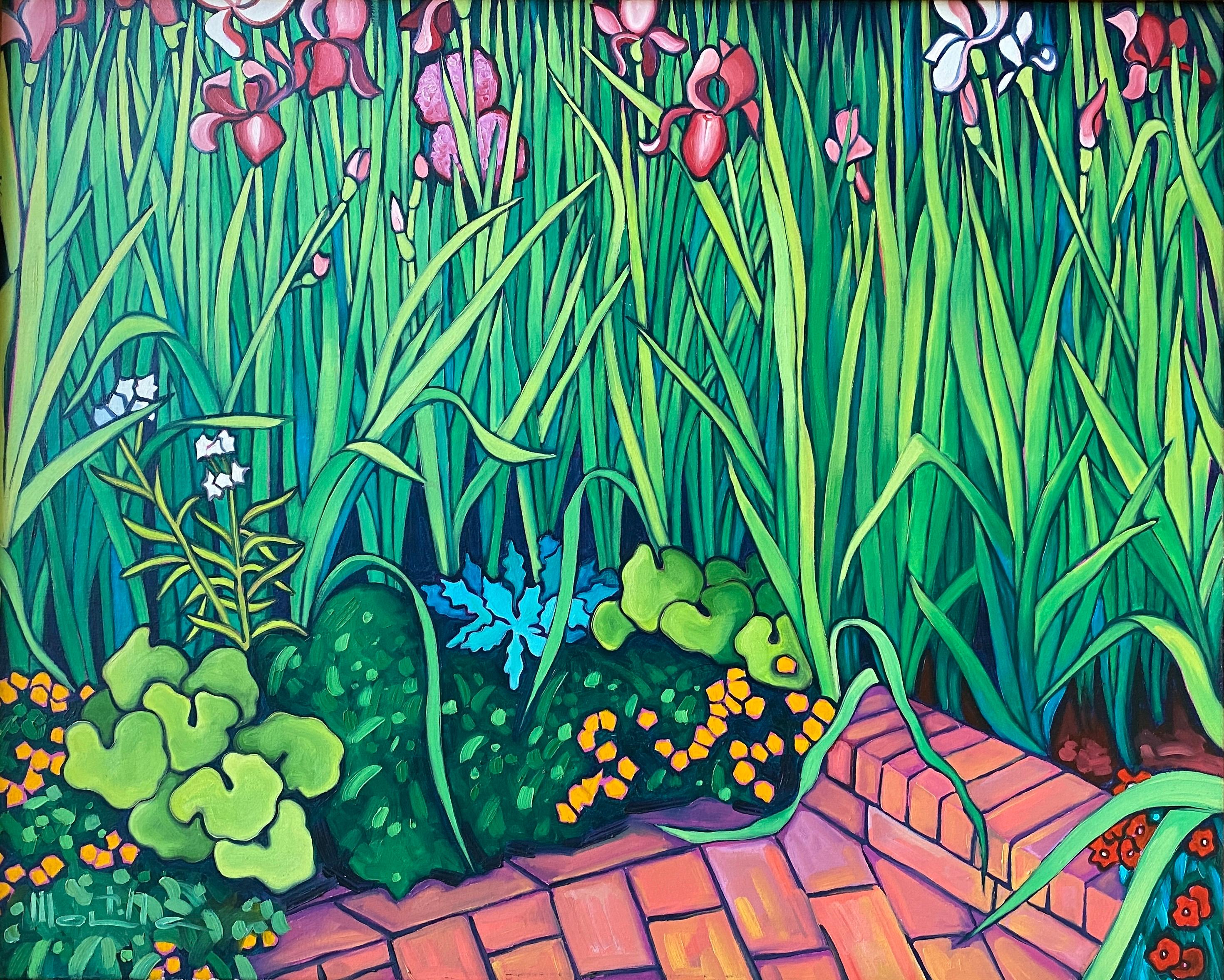 Dans un coin de l'âme. Jardin expressionniste coloré avec fleurs fuchsia - Painting de Chico Montilla
