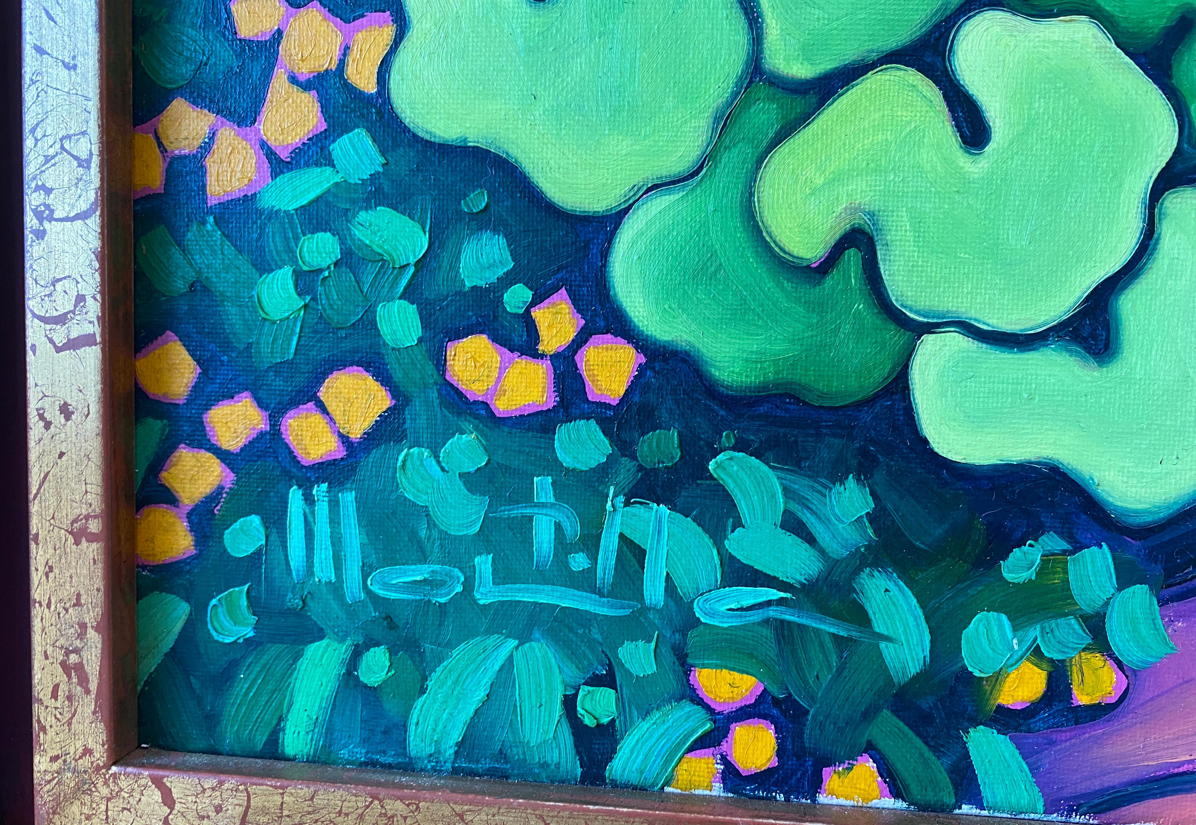 Dans un coin de l'âme. Jardin expressionniste coloré avec fleurs fuchsia - Expressionniste Painting par Chico Montilla