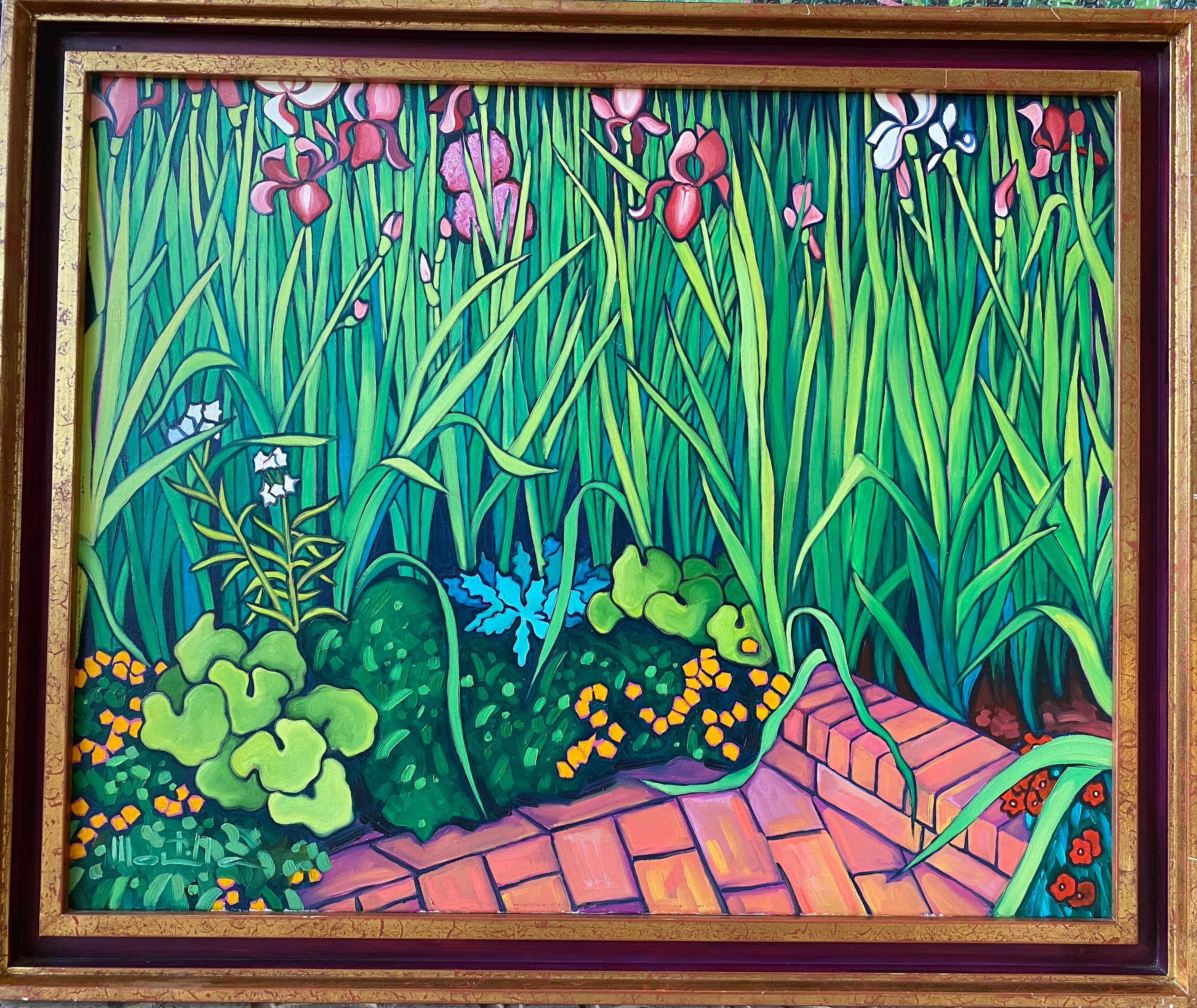 Bunte expressionistische Ecke eines Gartens mit fuchsiafarbenen Blumen. 
In einer Ecke der Seele (En un rincón del alma),  Öl auf Leinen von Chico Montilla.
Originelle Perspektive eines Gartens, die beim Autor und auch beim Betrachter intime Gefühle