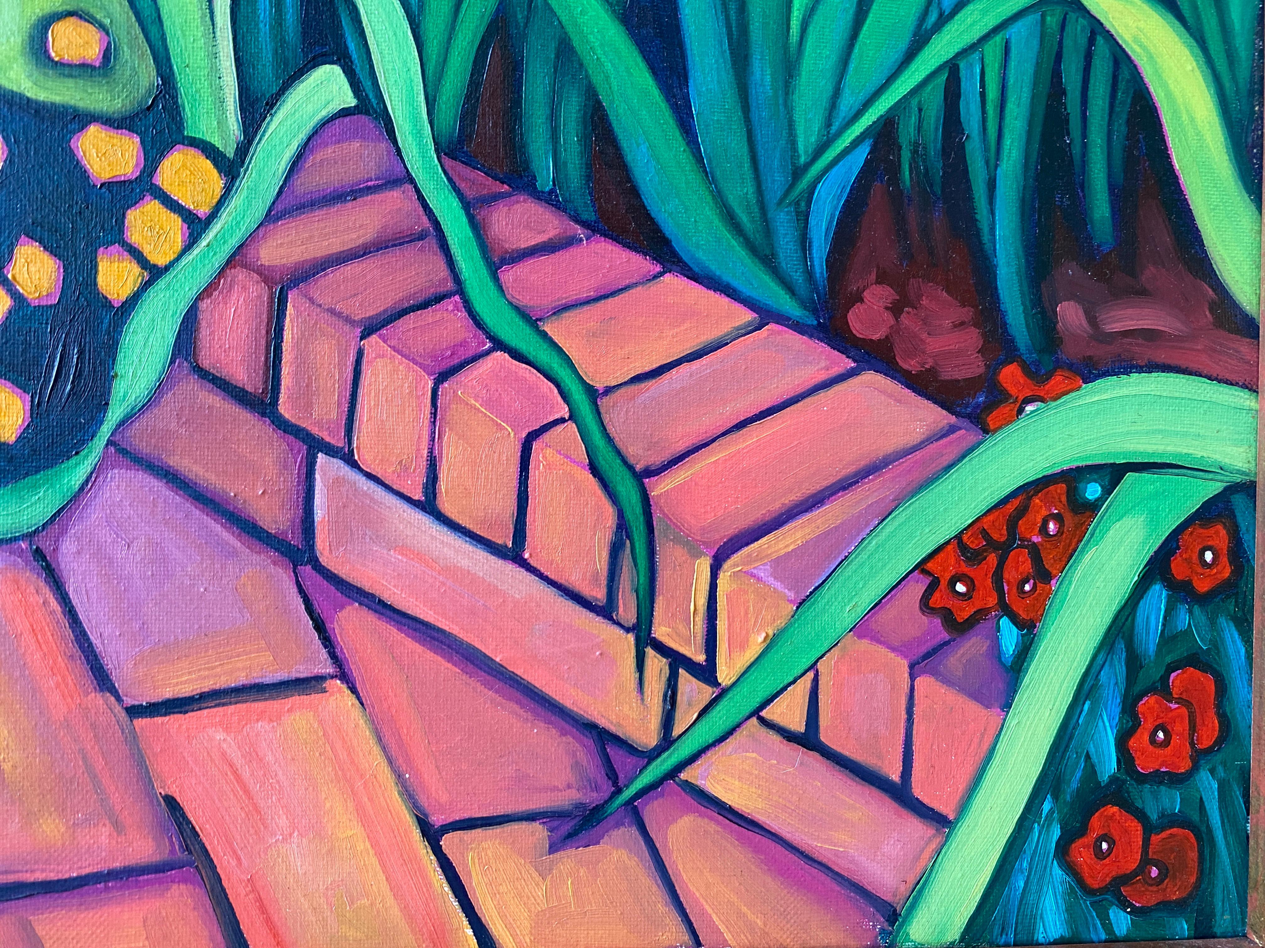 Coin expressionniste coloré d'un jardin avec des fleurs fuchsia. 
Dans un coin de l'âme (En un rincón del alma),  Huile sur lin de Chico Montilla.
Perspective originale d'un jardin, qui éveille des sentiments intimes chez l'auteur et chez le