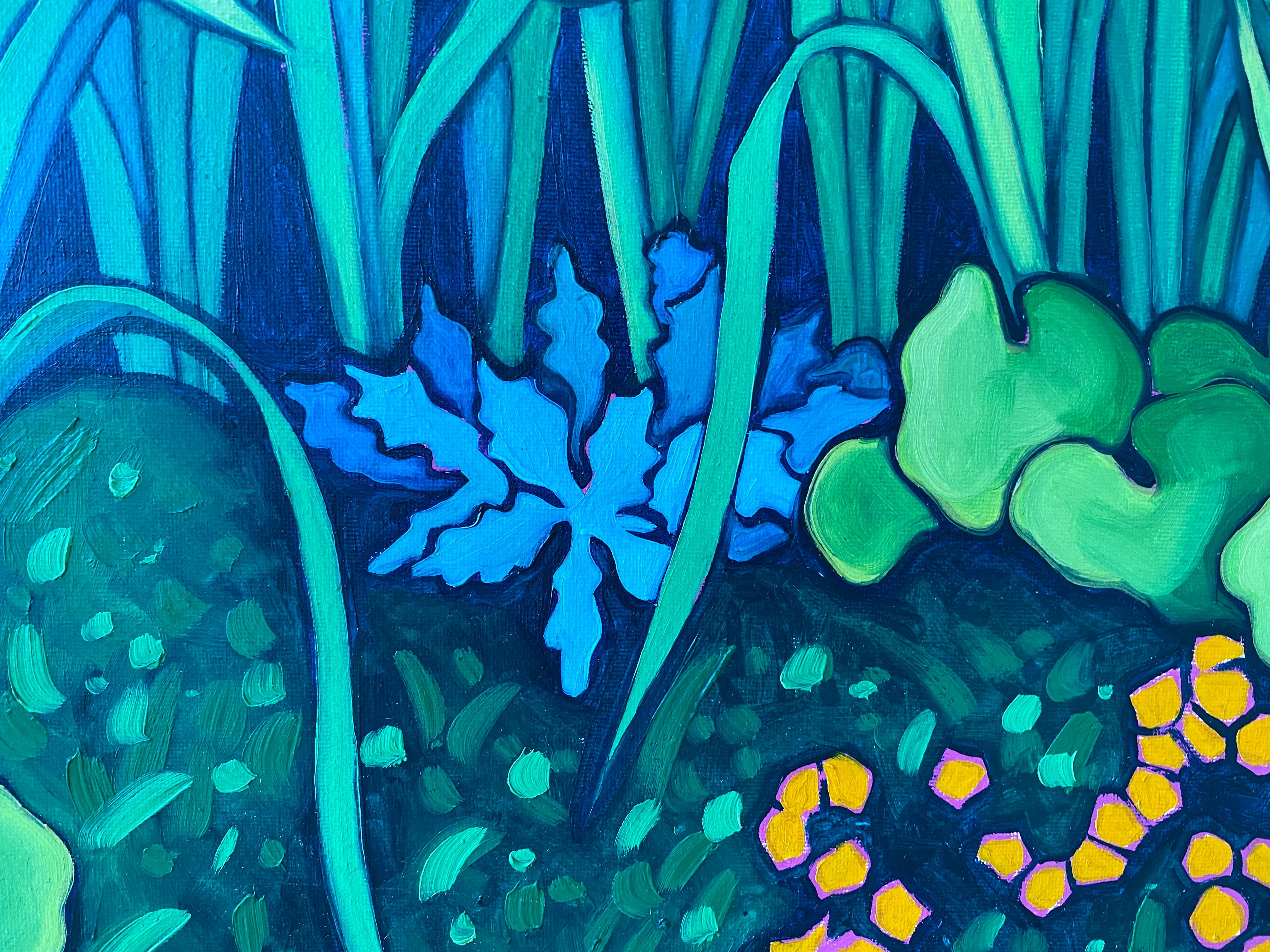 In einer Ecke der Seele. Bunter expressionistischer Garten mit fuchsiafarbenen Blumen im Angebot 3