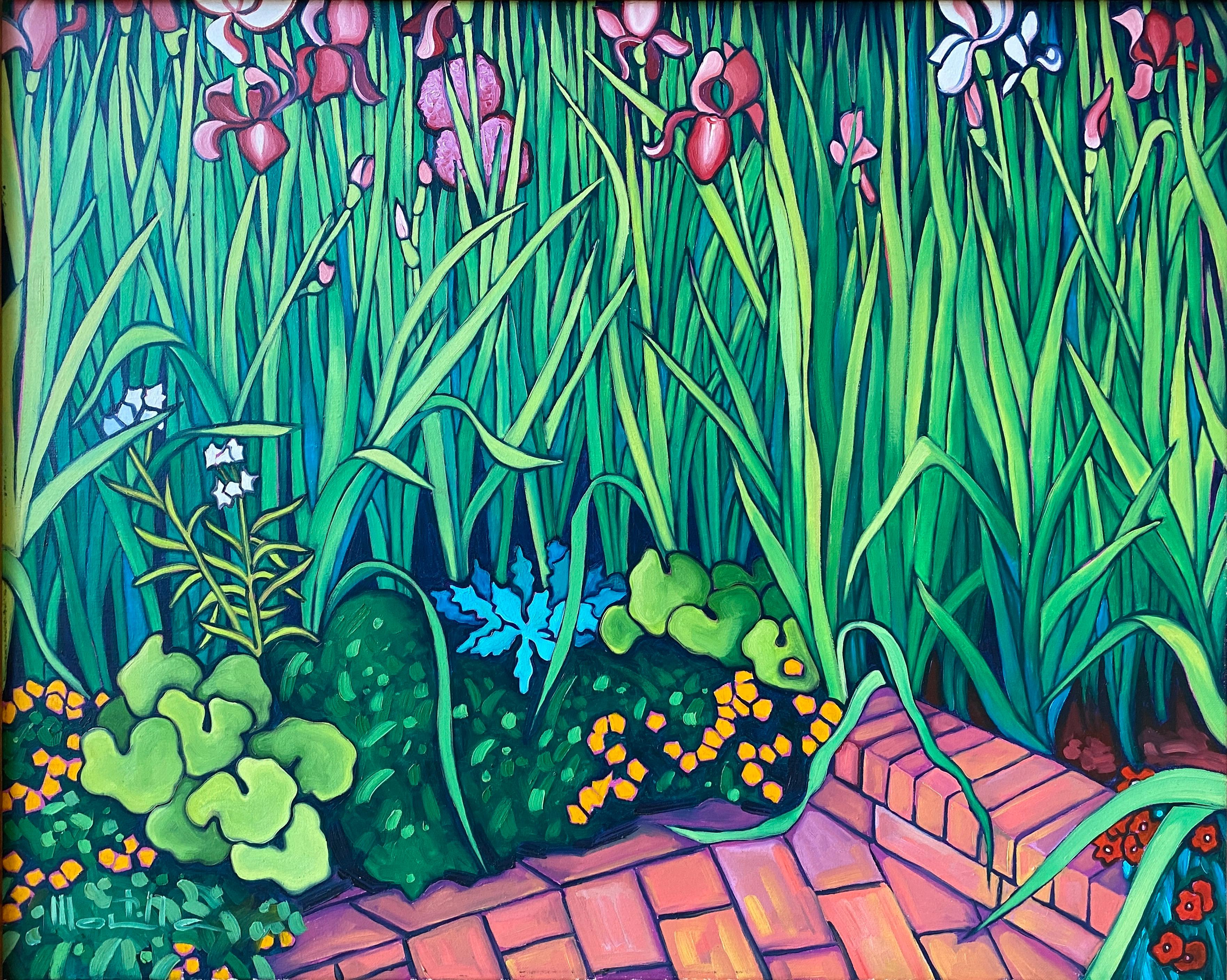 Chico Montilla Figurative Painting – In einer Ecke der Seele. Bunter expressionistischer Garten mit fuchsiafarbenen Blumen