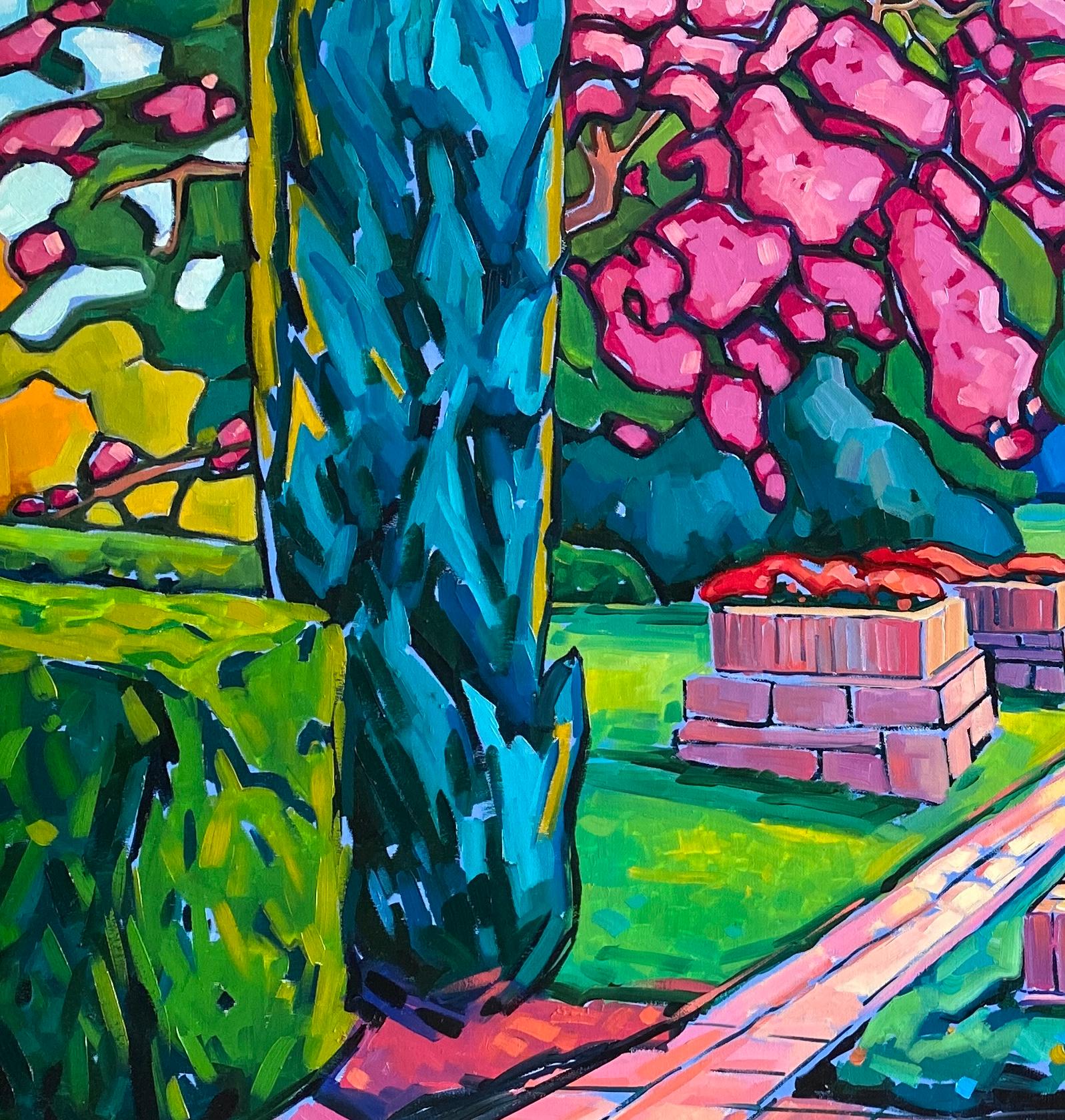 El árbol de Júpiter. Gran formato Óleo sobre lienzo Precioso jardín de Chico Montilla.
Medidas: (Alt.) 97 x (Anch.) 130  x 3 cm. Enmarcado 109 x 142 x 5 cm.
Colorida vista expresionista de un jardín con plantas y estanque de agua.
Firmado en la
