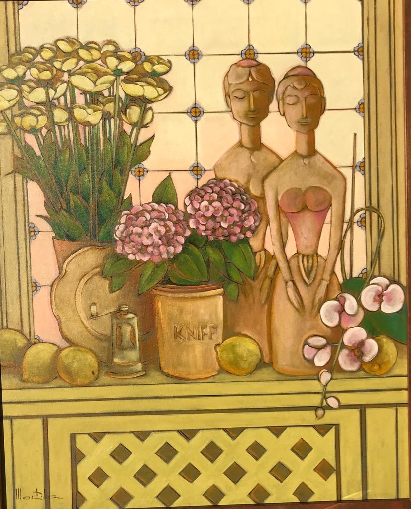 CUCHILLO. Bodegón amarillo expresionista con flores, frutas y figuras budistas - Still-Life Painting Amarillo de Chico Montilla