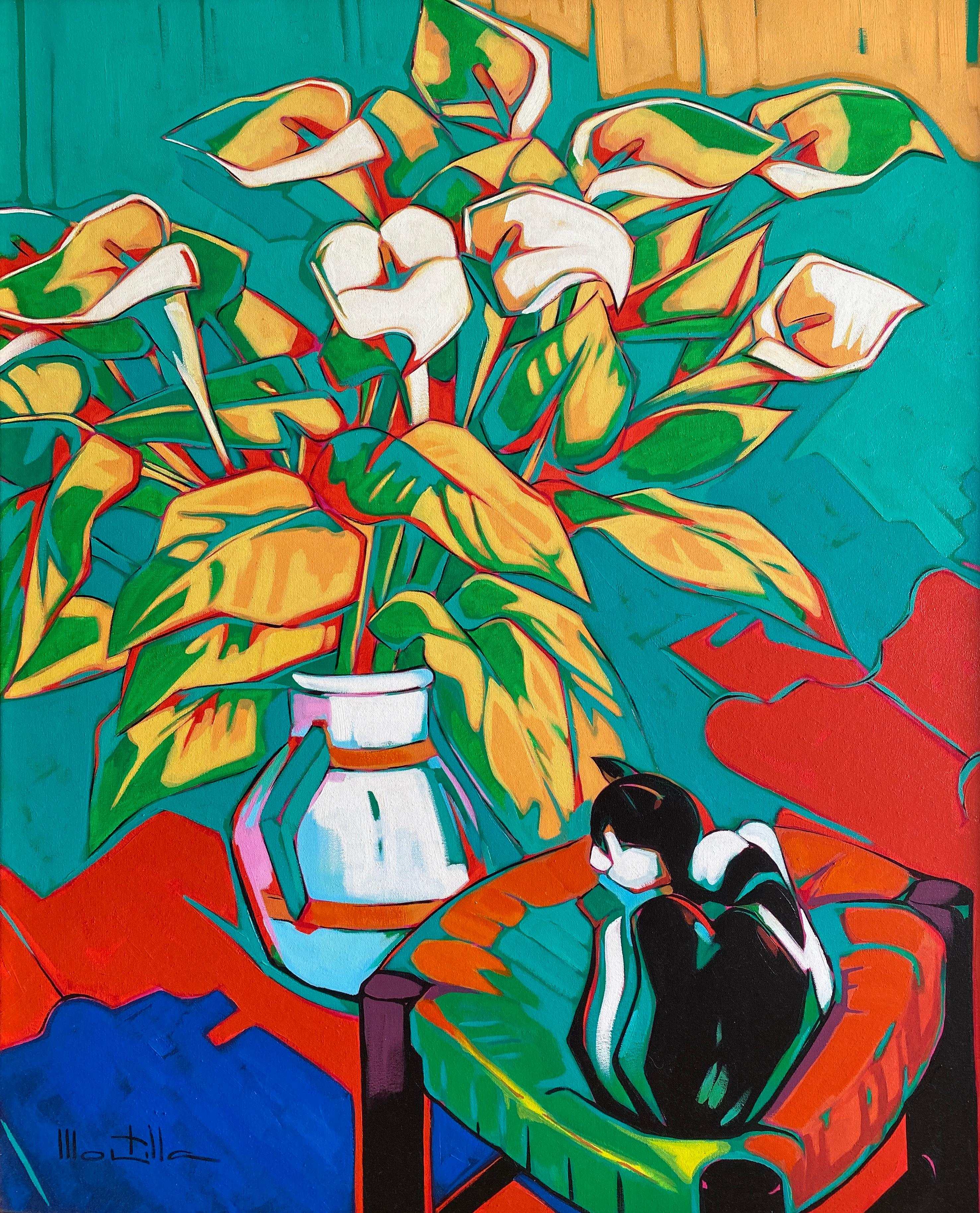 Chico Montilla Figurative Painting – Serie "The Imaginary  Reisende nº29" Expressionistische Ecke mit Blumen und Katze.