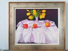 Signiert, „21st Century“, Stillleben mit Tulpen und roten Äpfeln, Ölgemälde, 50 x 61 cm.