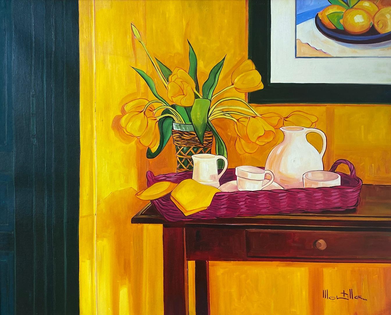 Tulipes jaunes. Nature morte expressionniste colorée : fleurs, thé. Huile sur toile en vente 2