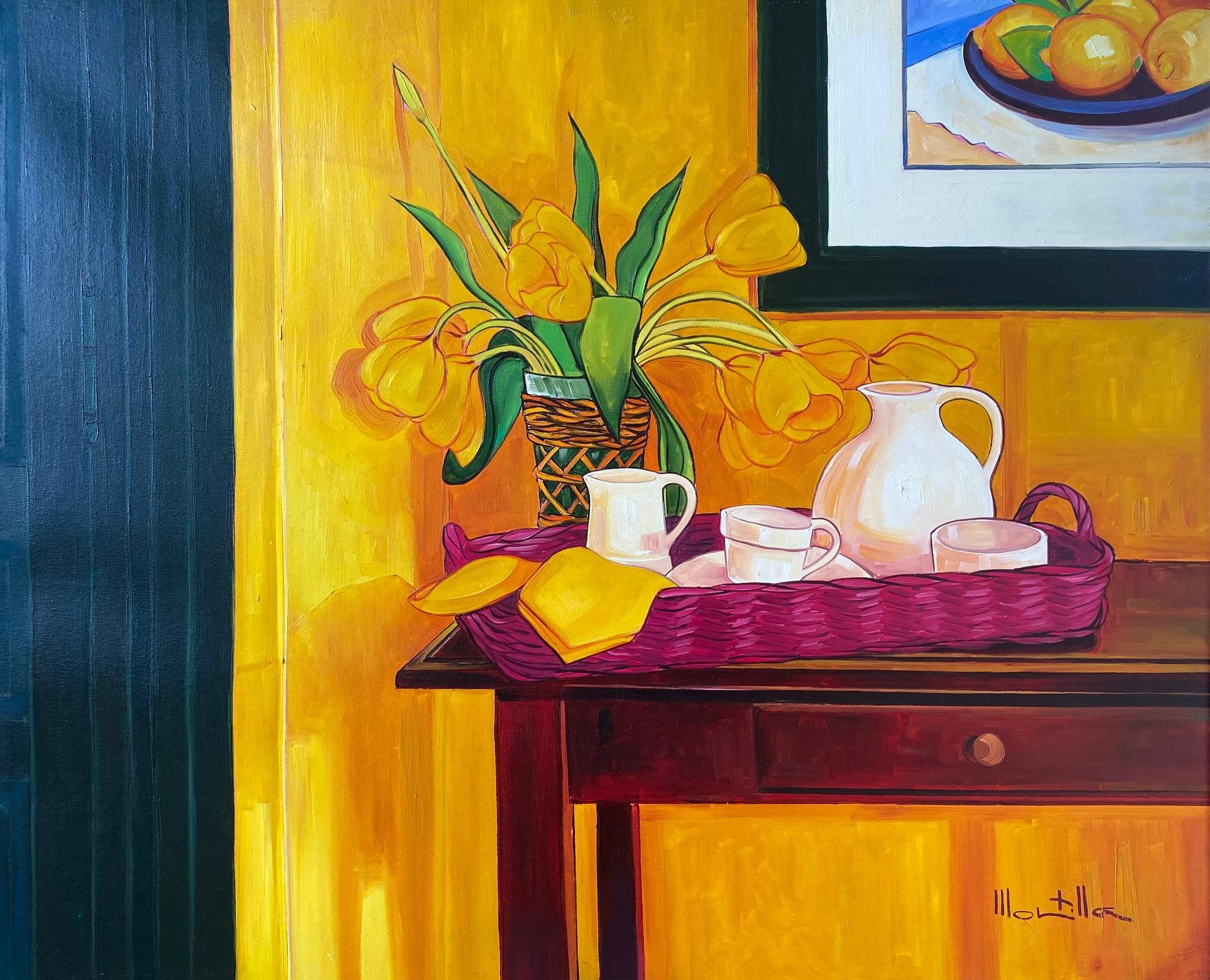 Chico Montilla Figurative Painting - Yelow tulips. Colorful expressionist still-life: flowers, tea try. Oil on canvas