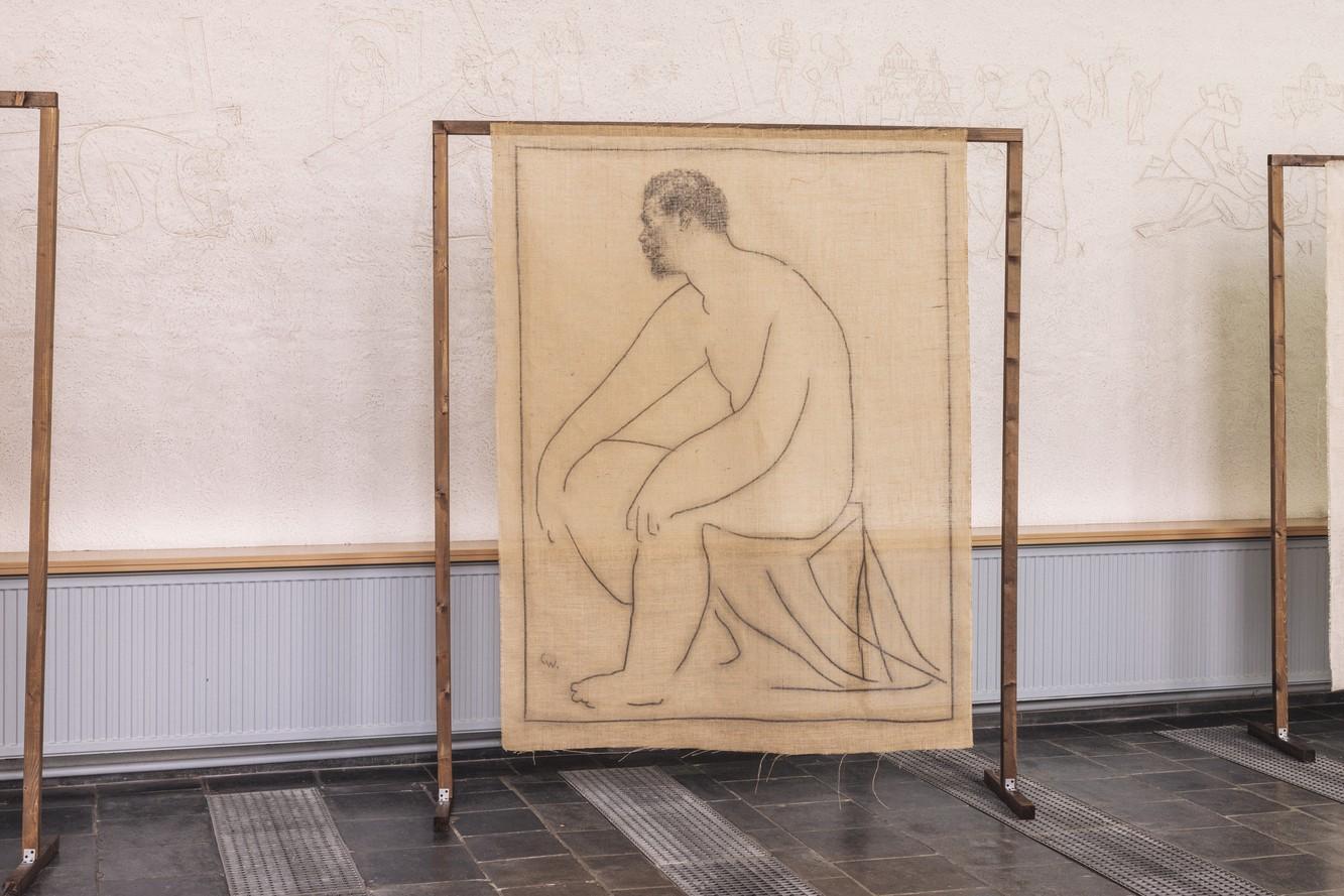 Erdfarbenes Gemälde auf Jutegewebe, 2024 - 