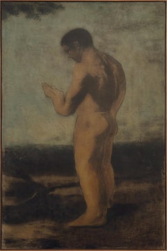 Pittura realistica Greene & Greene su tela, 2024 - 'L'uomo allo specchio II'