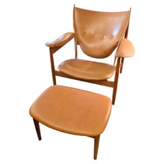 Chieftains Chair Model FJ4900 With Stool Made In Walnut By Finn Juhl